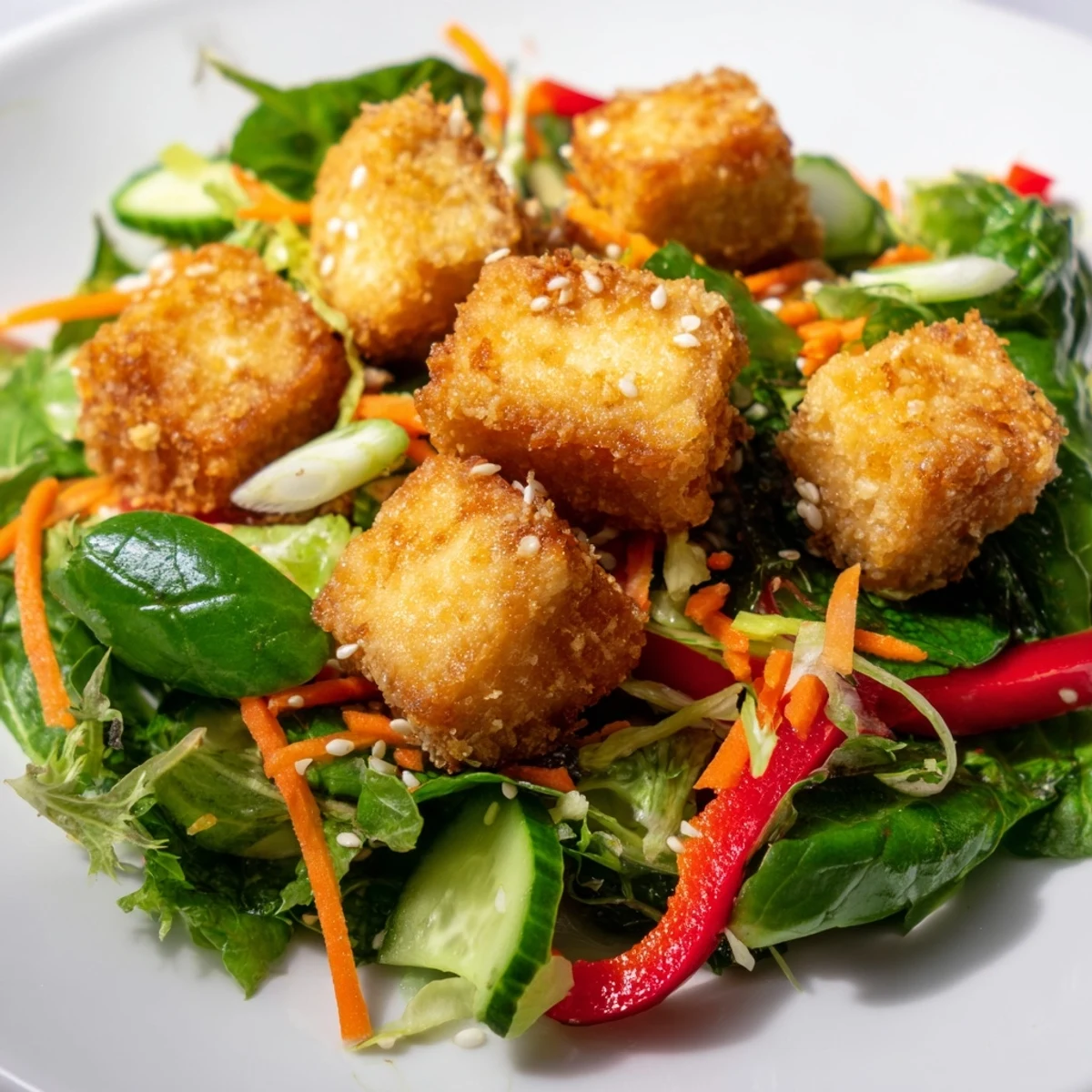 Golden, crispy tofu salad with vibrant veggies and zesty ginger-soy dressing; a healthy, flavorful meal.