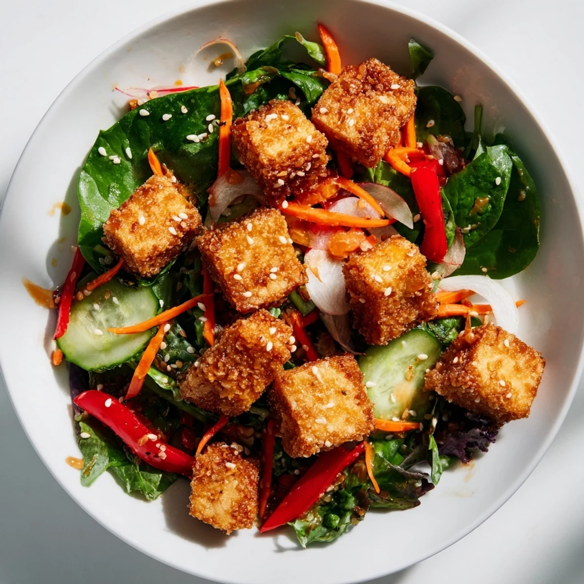 Fresh, colorful crispy tofu salad showcases perfectly fried tofu, crunchy vegetables, and a delicious dressing.