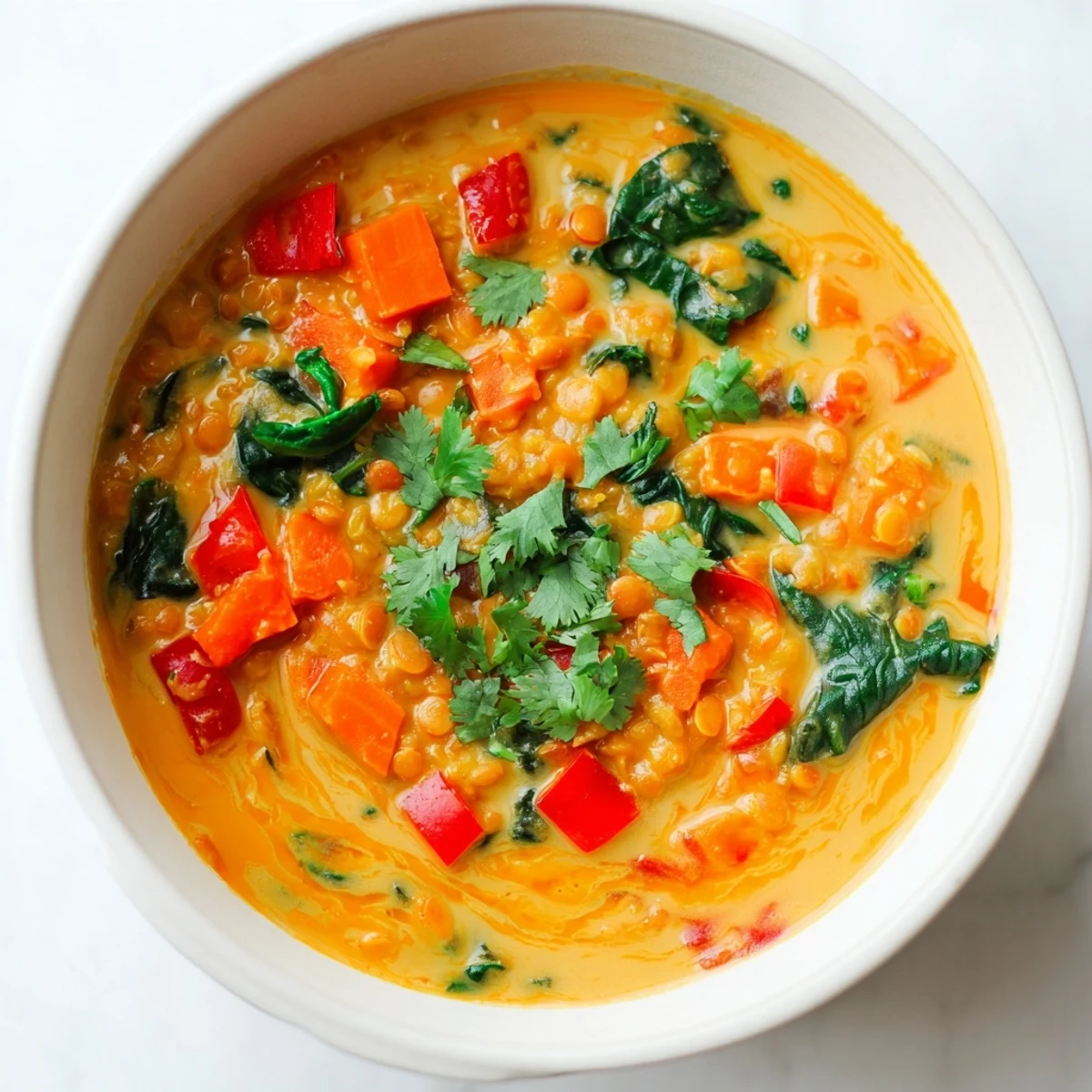 Rich and creamy Lentil Red Curry Soup, a vibrant vegan bowl perfect for a comforting dinner.