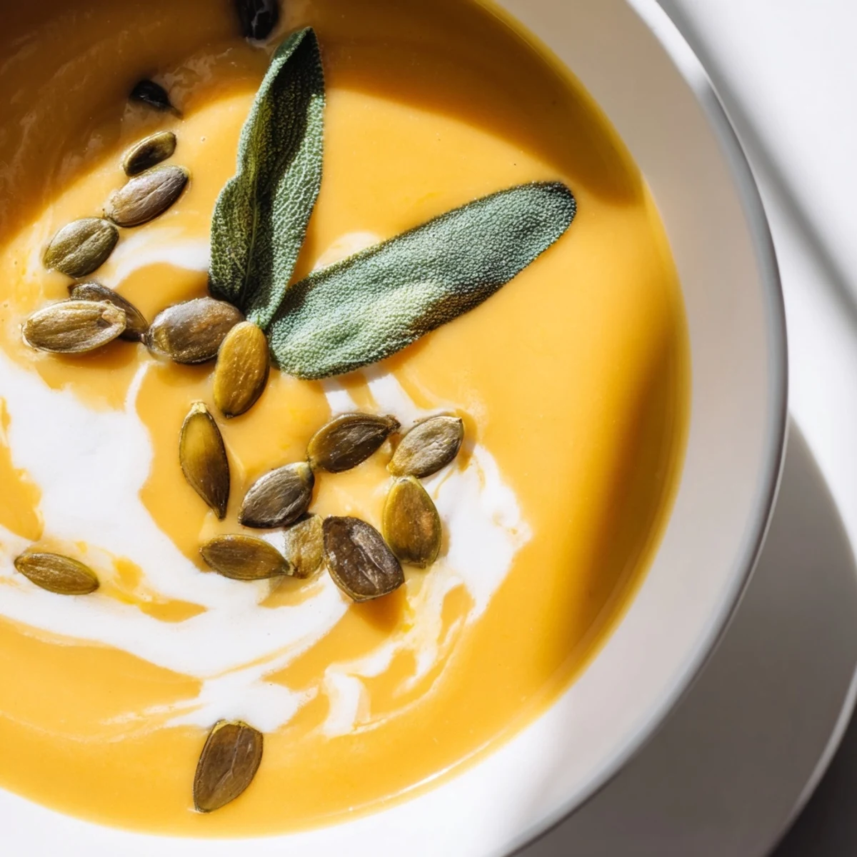 Creamy butternut squash soup in a bowl, topped with roasted seeds, perfect fall comfort food.
