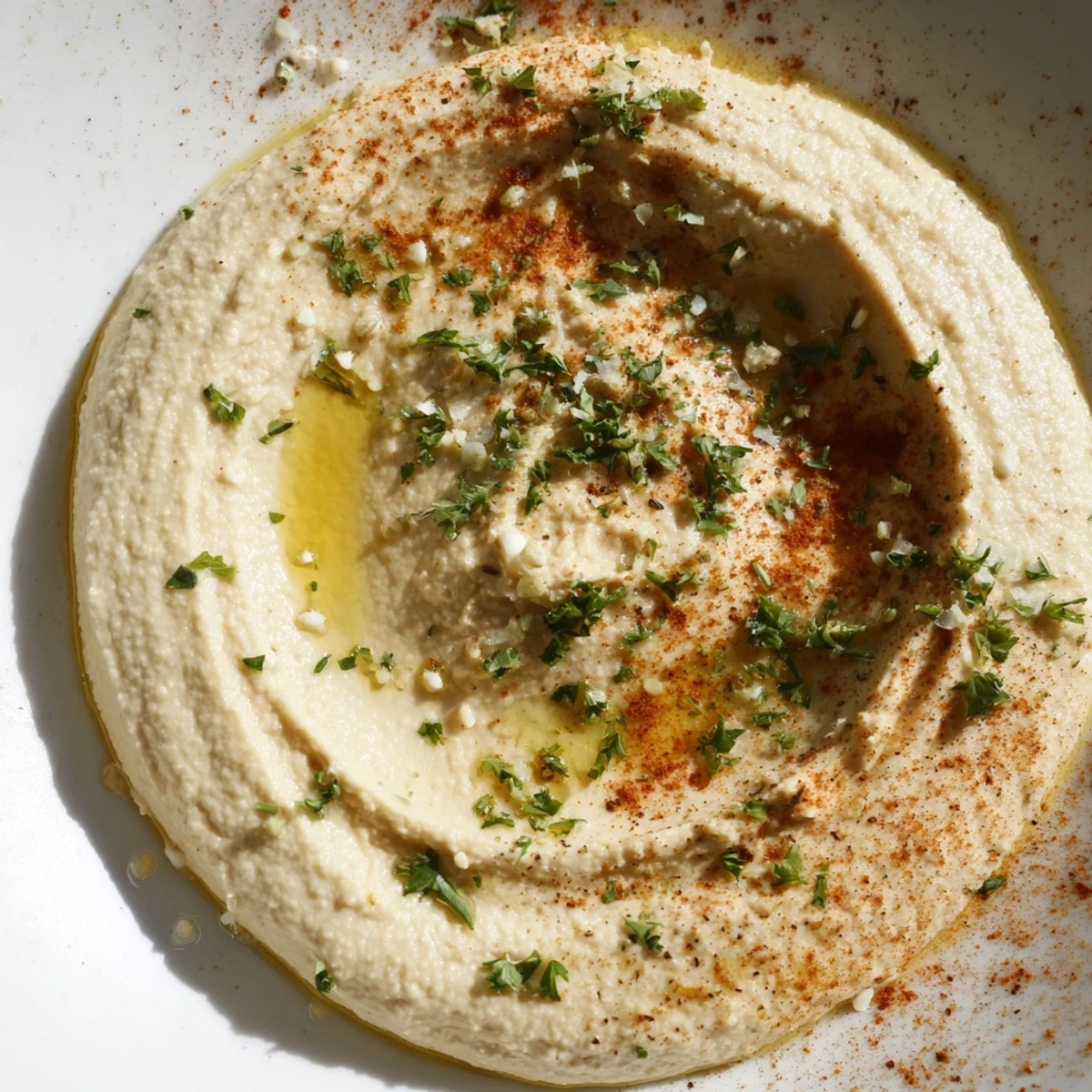 A vibrant Levantine Hummus Plate, swirled and garnished, perfect for a fresh Middle Eastern appetizer.