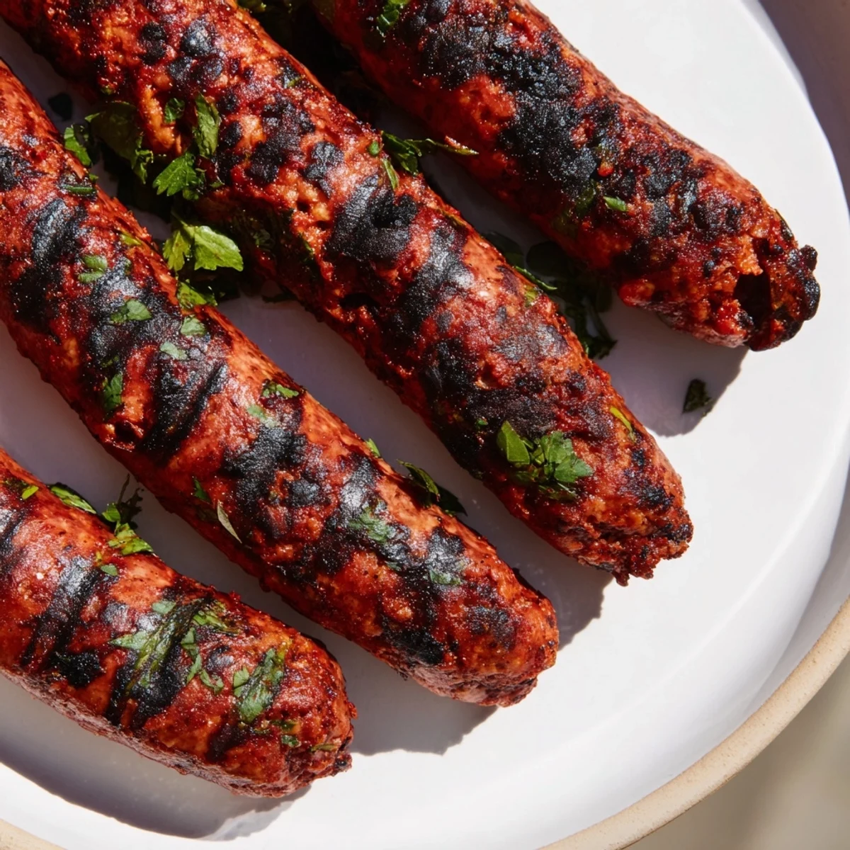 Close-up of freshly grilled Tunisian Merguez sausage, sizzling with vibrant spices, ready to savor.