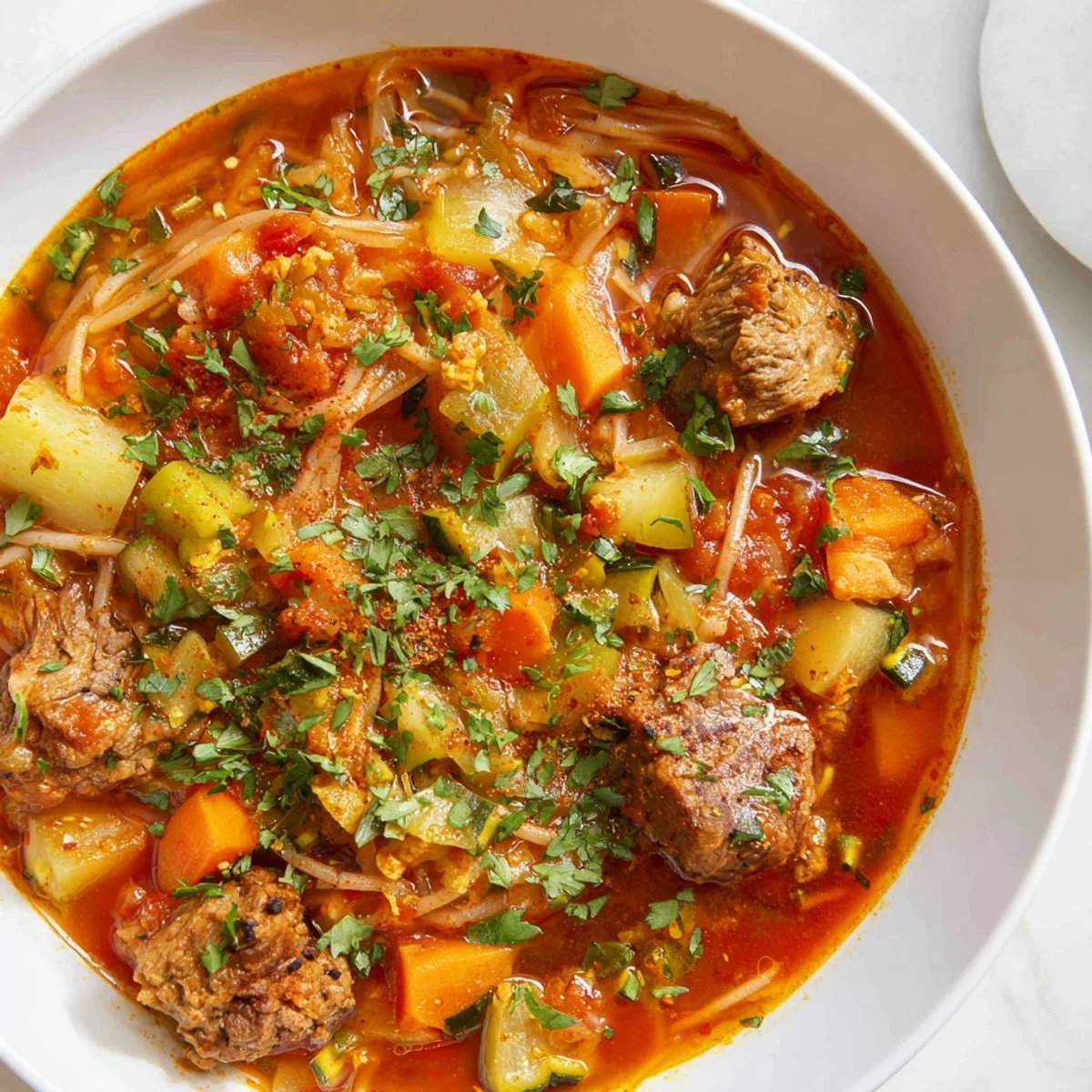 Golden-yellow hues of Algerian Chorba, a comforting soup brimming with tender lamb and fresh vegetables for a flavorful experience.