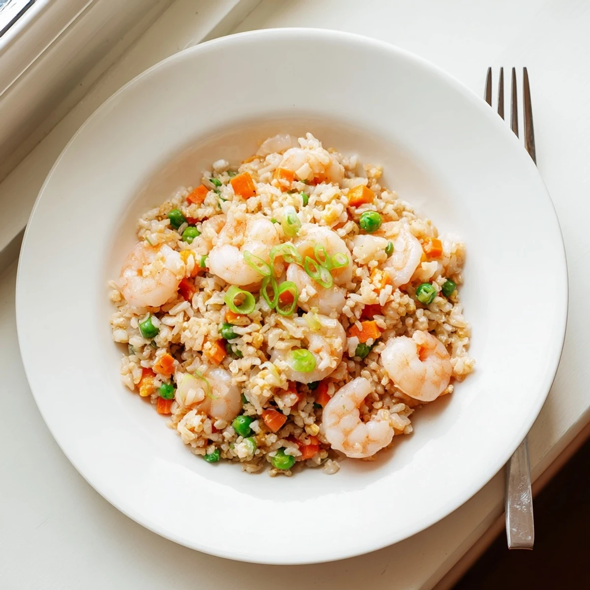 Serve this easy Shrimp Garlic Fried Rice in a white bowl, paired with chopsticks and a crisp white wine for a complete weeknight dinner.