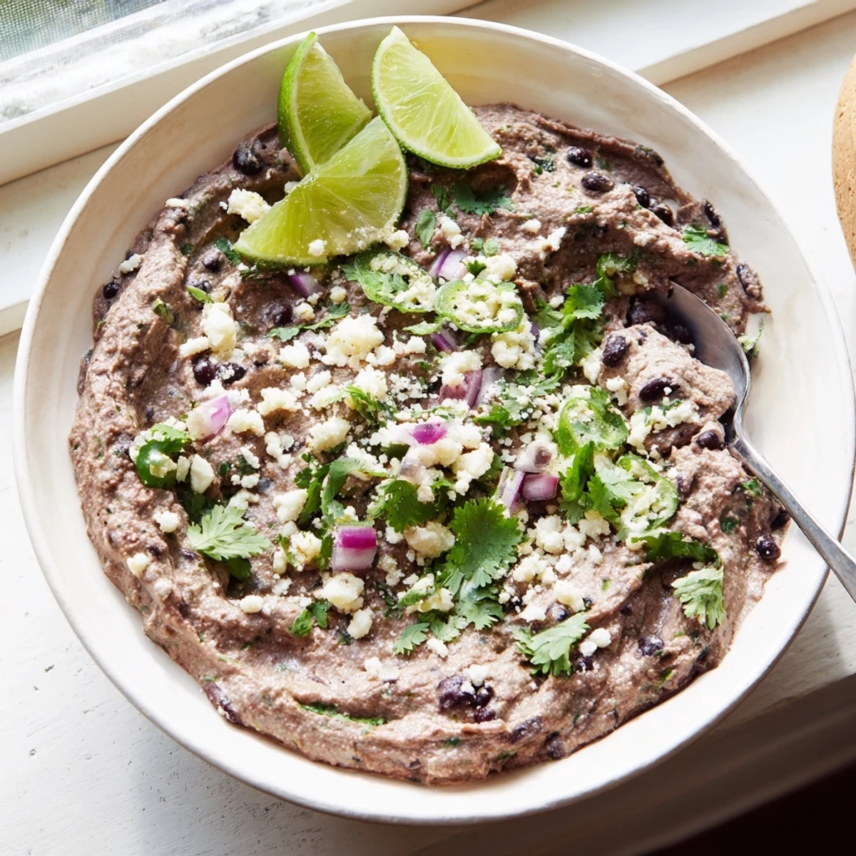Creamy Spicy Black Bean Dip with chopped jalapeños, cilantro, and lime wedges ready for dipping with tortilla chips.  