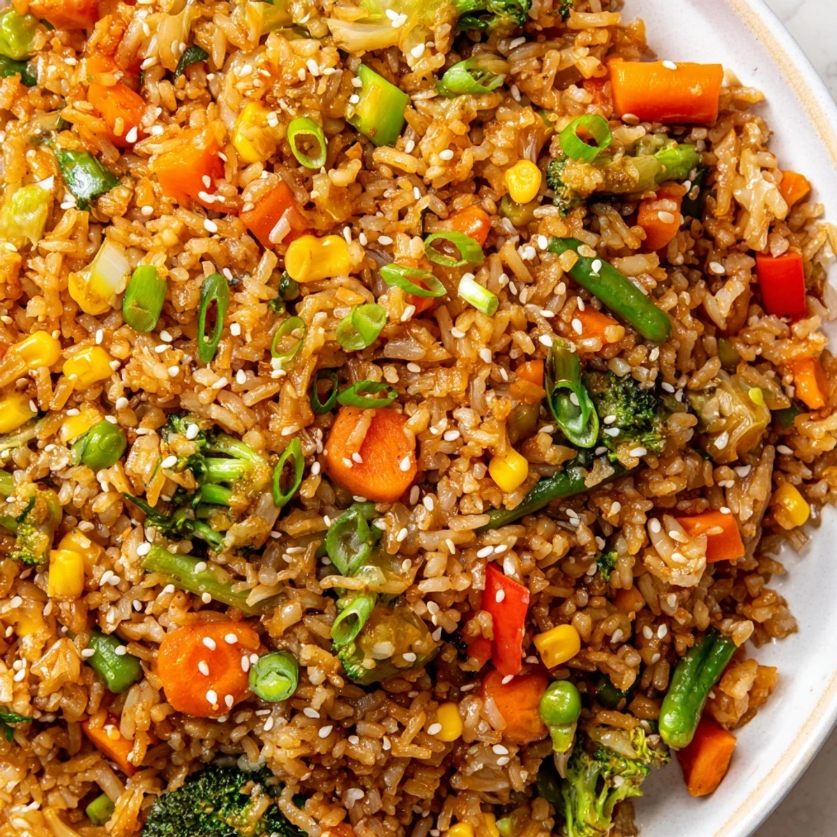 A close-up of vibrant Vegetable Fried Rice with diced carrots, peas, and bell peppers piled high on a white plate.  
