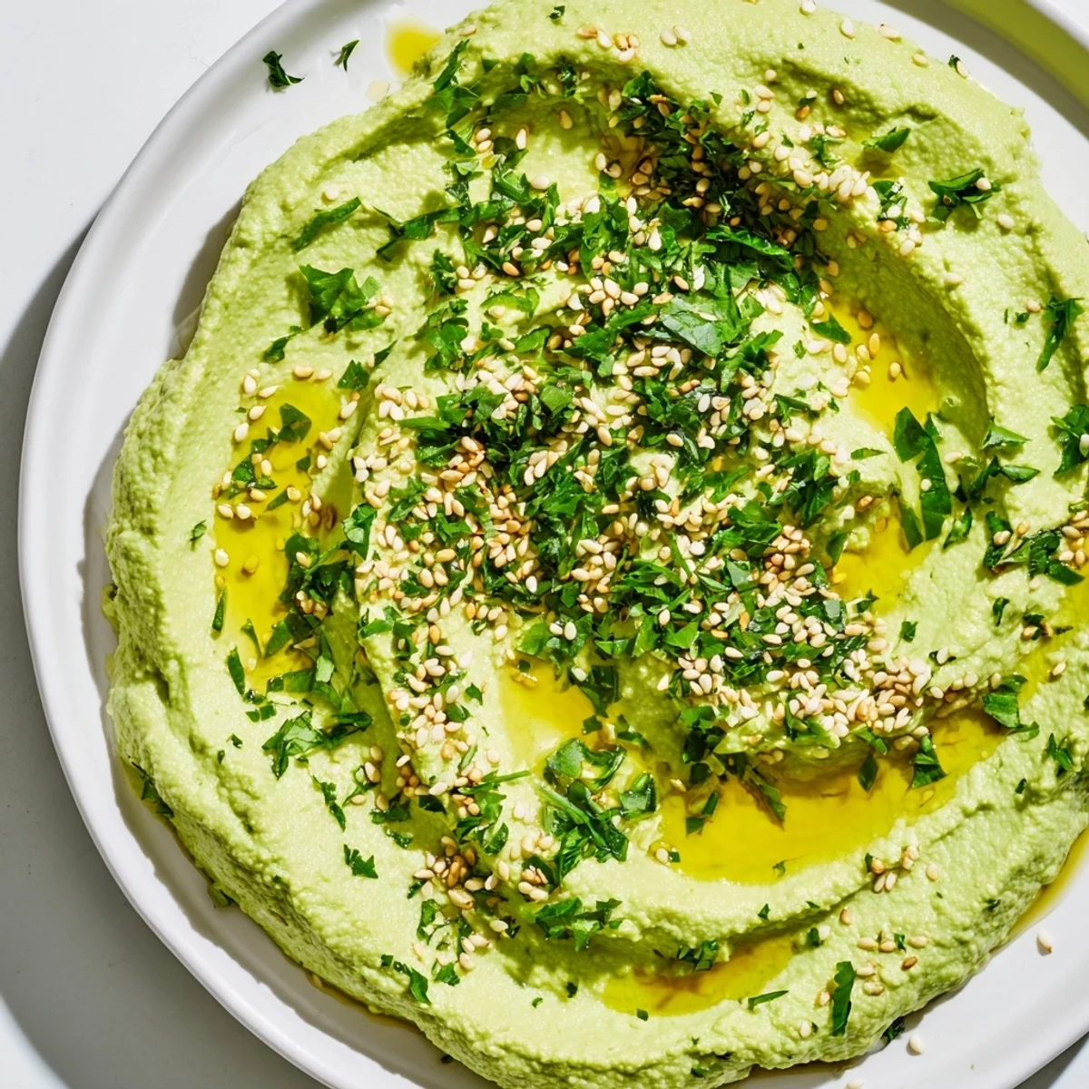 This vibrant vegan Edamame Hummus is garnished with olive oil drizzle and toasted sesame seeds beside crisp pita chips.  