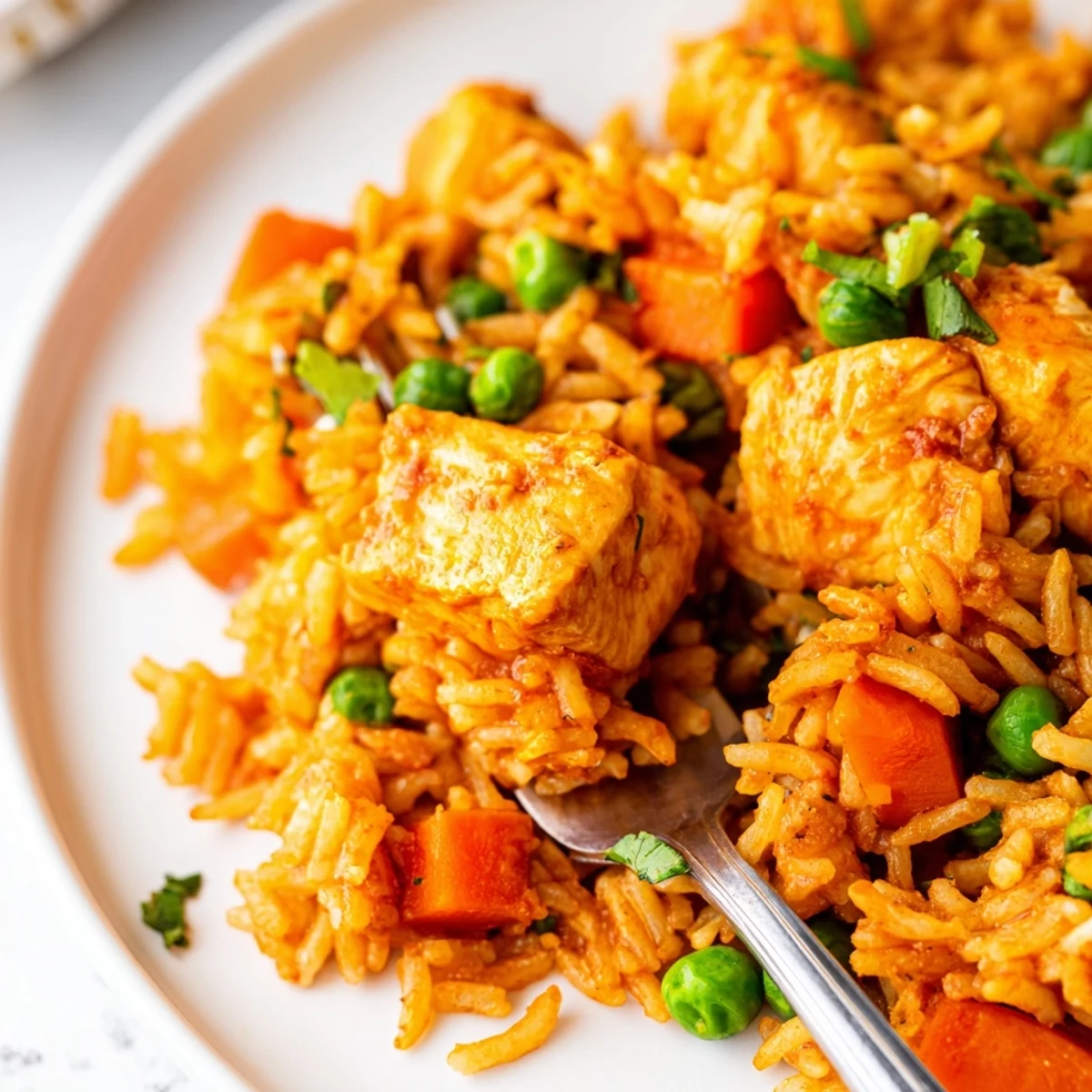 A close-up of creamy butter chicken fried rice with peas, carrots, and fluffy grains, garnished with fresh green onions.