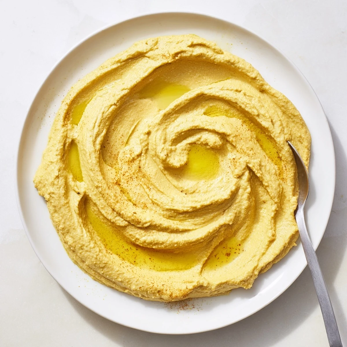A creamy bowl of homemade Chickpea Curry Paste, drizzled with olive oil and fresh cilantro, ready for dipping.  