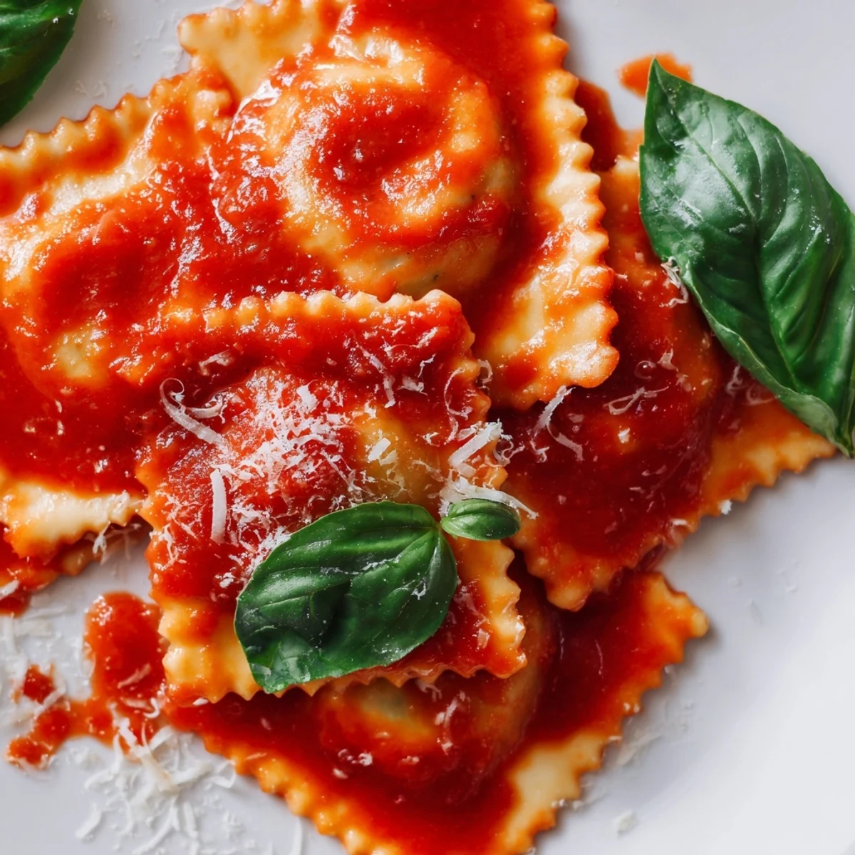 Freshly cooked Spinach Ricotta Ravioli glistens with vibrant marinara sauce and a sprinkle of fresh basil.