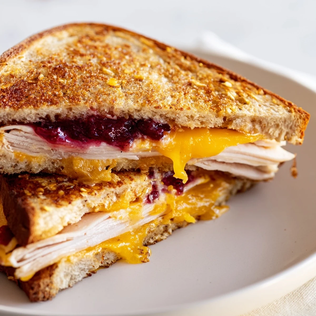 Two warm slices of smoked turkey grilled cheese on a white plate, with a small side salad for a balanced lunch or dinner.