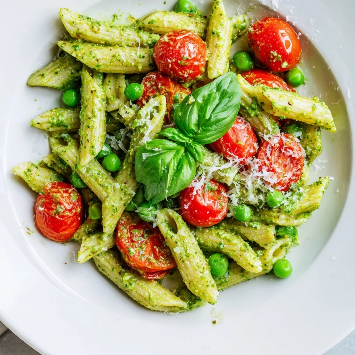 Green Pesto Pasta Salad features al dente fusilli, fresh mozzarella pearls, and bright cherry tomatoes glistening with herbaceous olive oil.