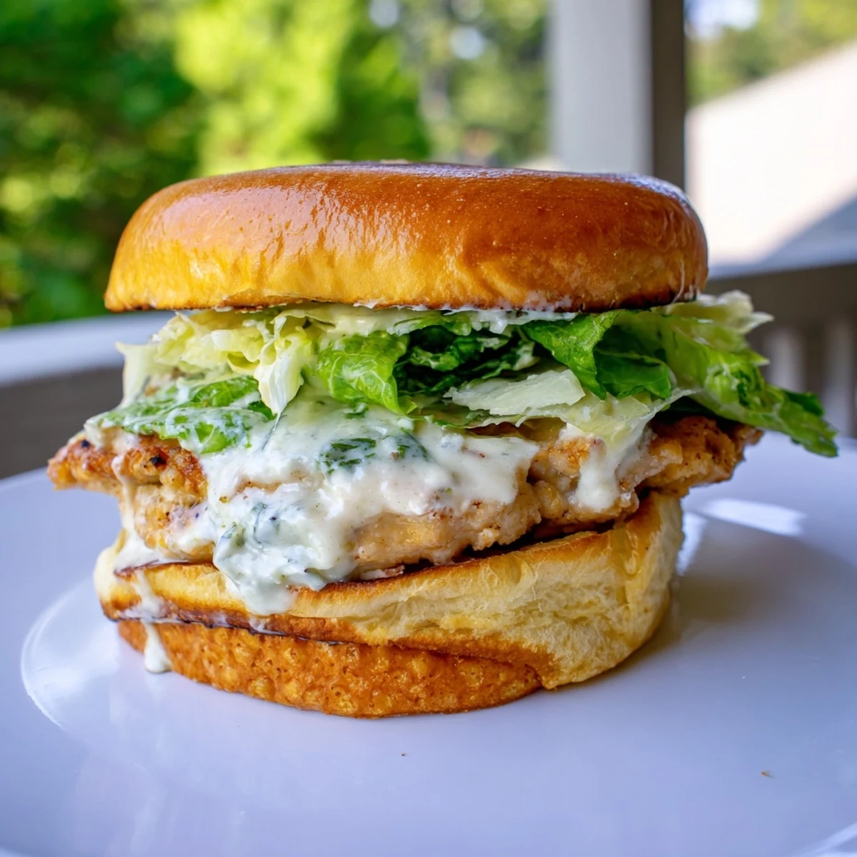 Golden grilled chicken slices nestled in a toasted brioche bun with crisp romaine lettuce and creamy Caesar dressing.  