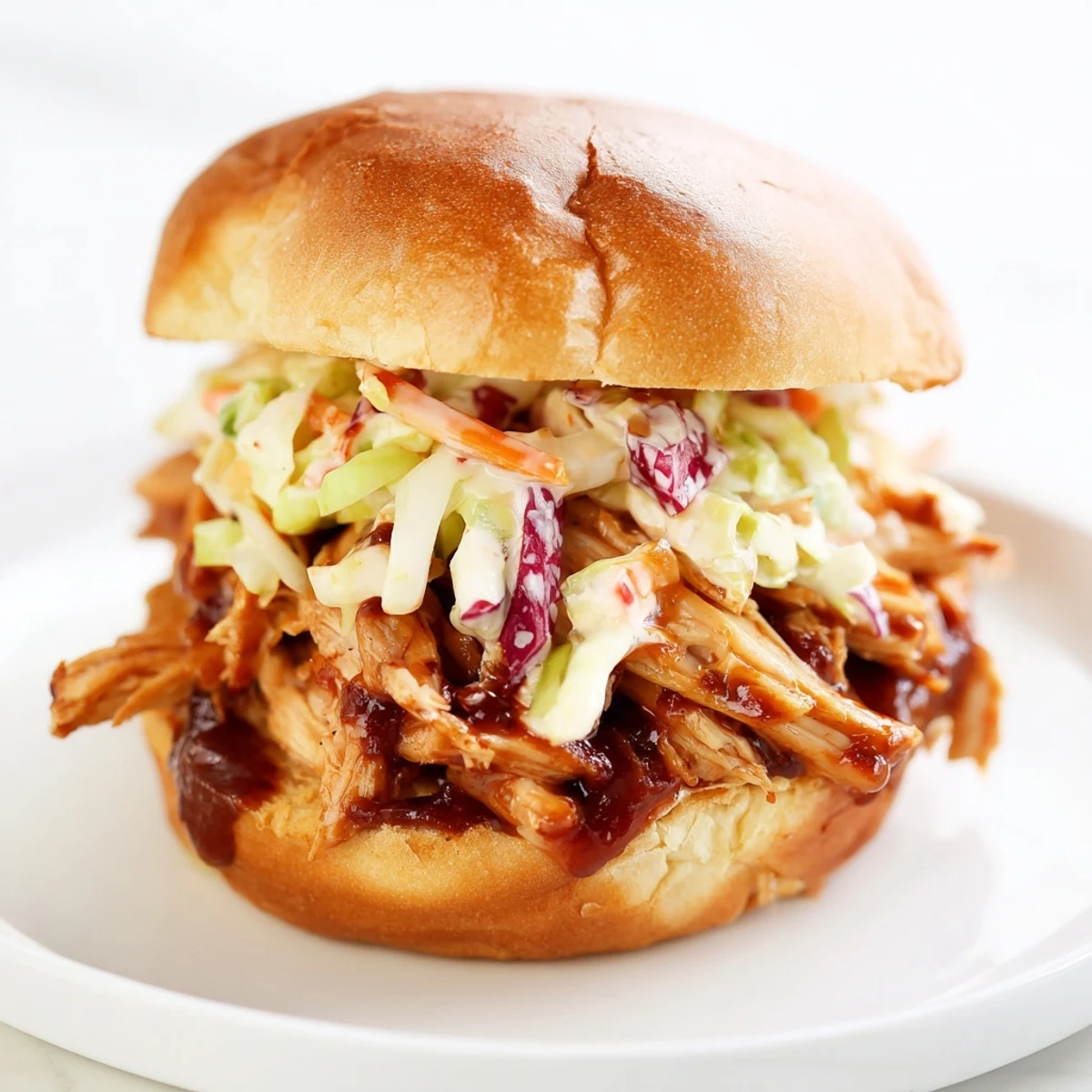 Golden-brown, toasted brioche buns overflowing with saucy pulled barbecue chicken and vibrant, creamy slaw.