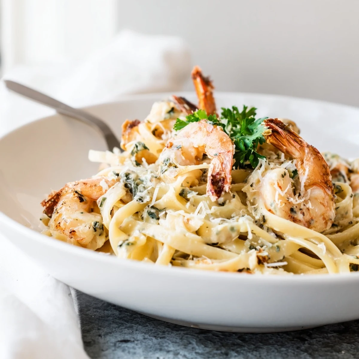 Creamy Garlic Shrimp Pasta served over tender linguine, with succulent shrimp nestled in a luscious, velvety white sauce.