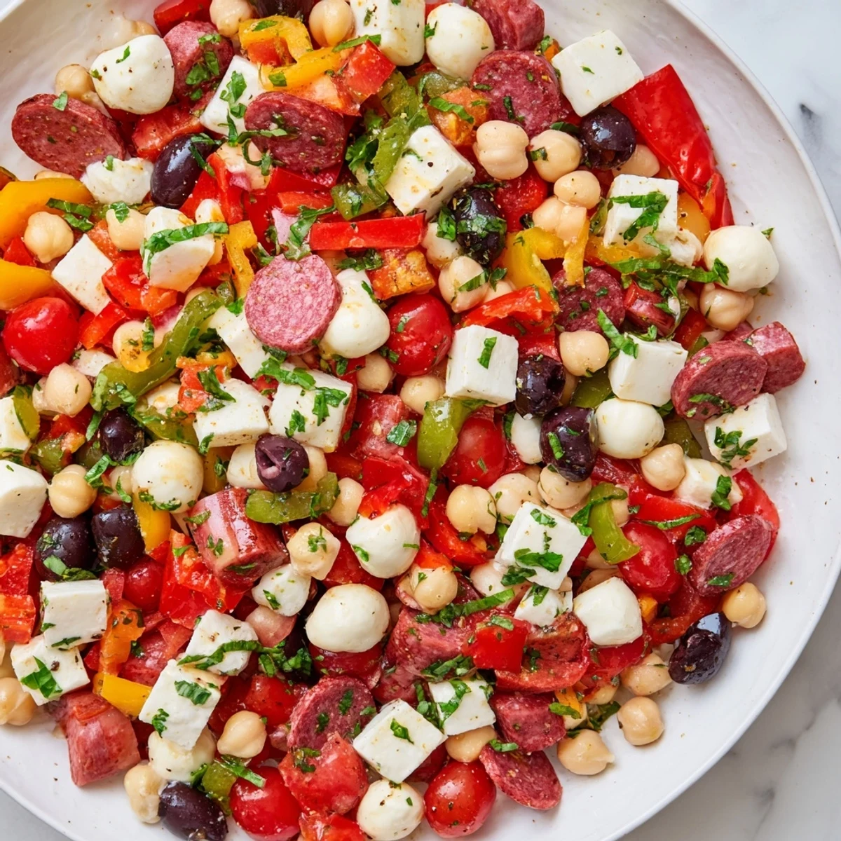 Serve this Crunchy Antipasto Chopped Salad as a light main dish or appetizer, garnished with chopped parsley and basil.