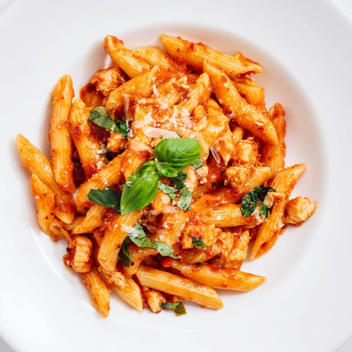 Steaming Tomato Basil Chicken Pasta in a white bowl, garnished with fresh basil and grated Parmesan cheese.