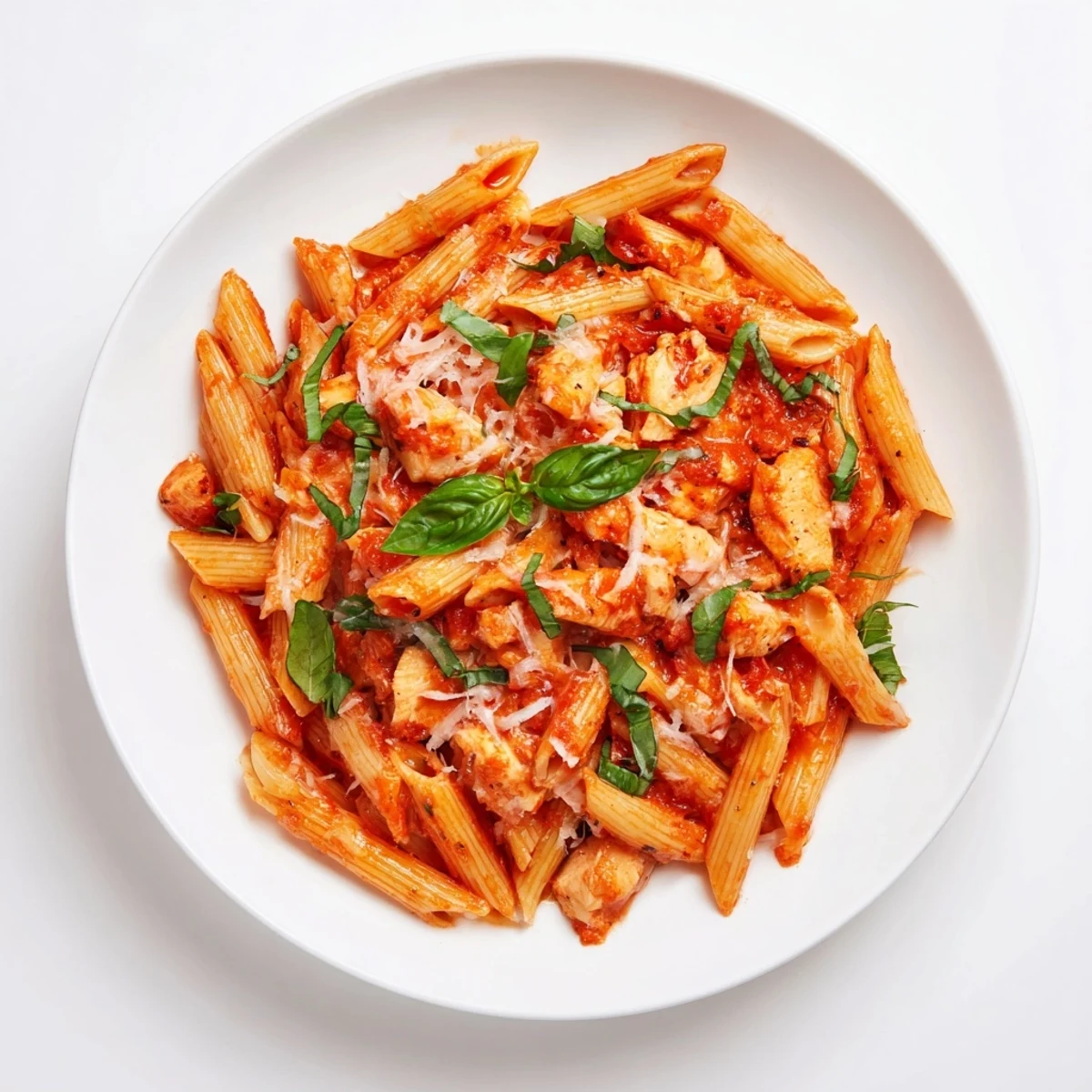Tomato Basil Chicken Pasta served with a side salad and sparkling water for a fresh, satisfying dinner.