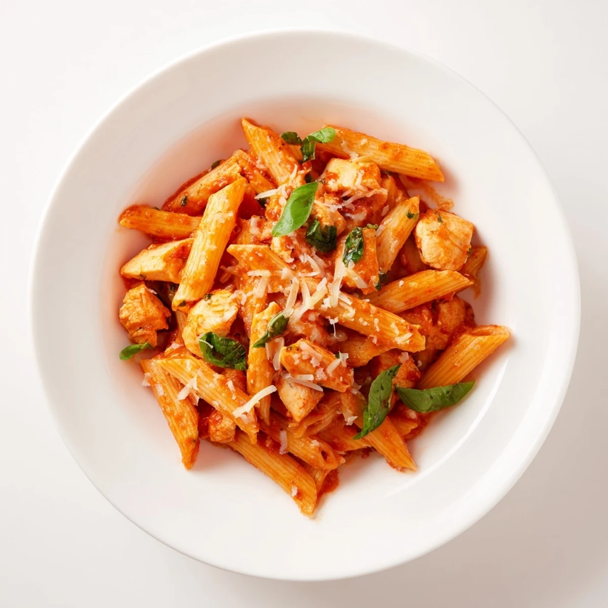 A close-up of Tomato Basil Chicken Pasta with tender chicken pieces and vibrant red sauce coating al dente penne.
