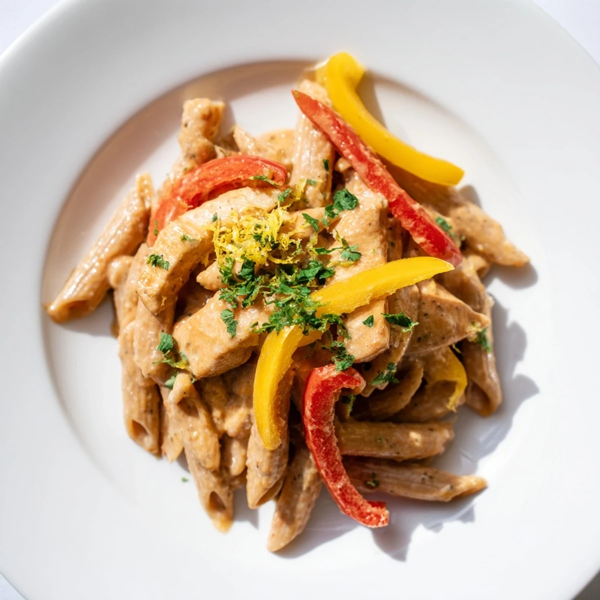 Creamy Cajun Chicken Pasta Lite in a skillet, featuring tender chicken strips and colorful bell peppers coated in a rich, spicy sauce.