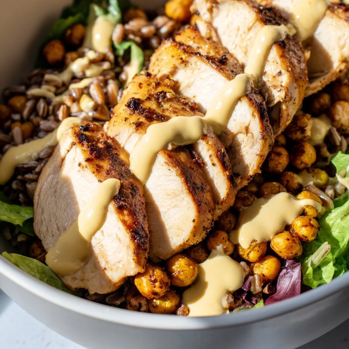 A close-up of the Lemon Tahini Chicken Power Bowl, showcasing roasted chicken slices, fresh greens, and cherry tomatoes.