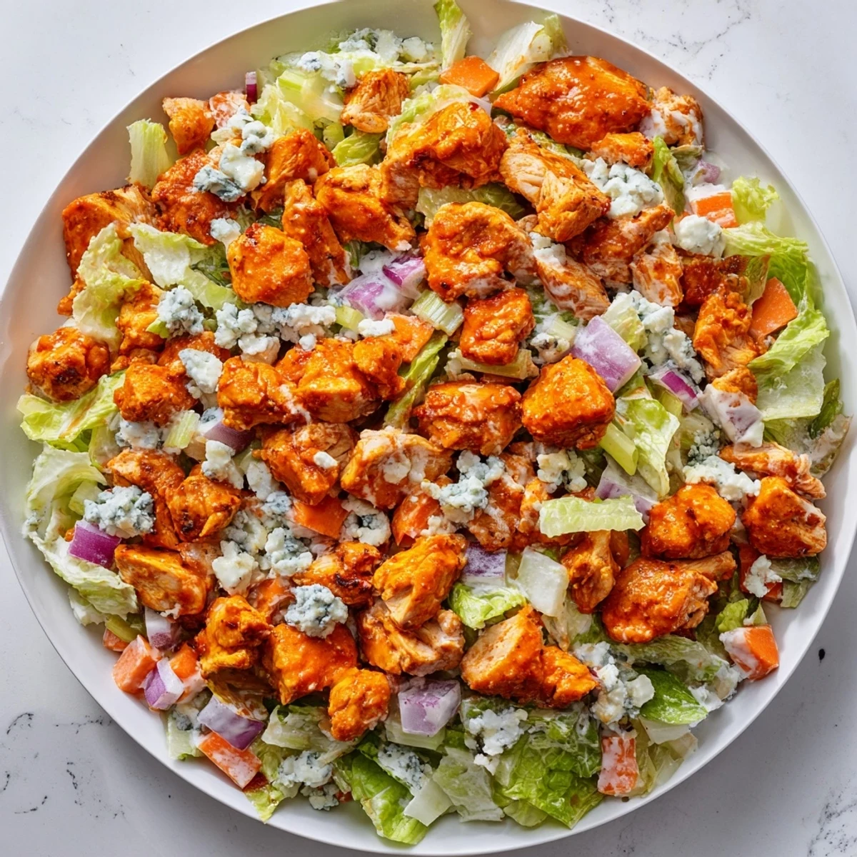 Finely chopped romaine, spicy buffalo chicken, diced celery, and creamy blue cheese crumbles tossed with ranch dressing.  