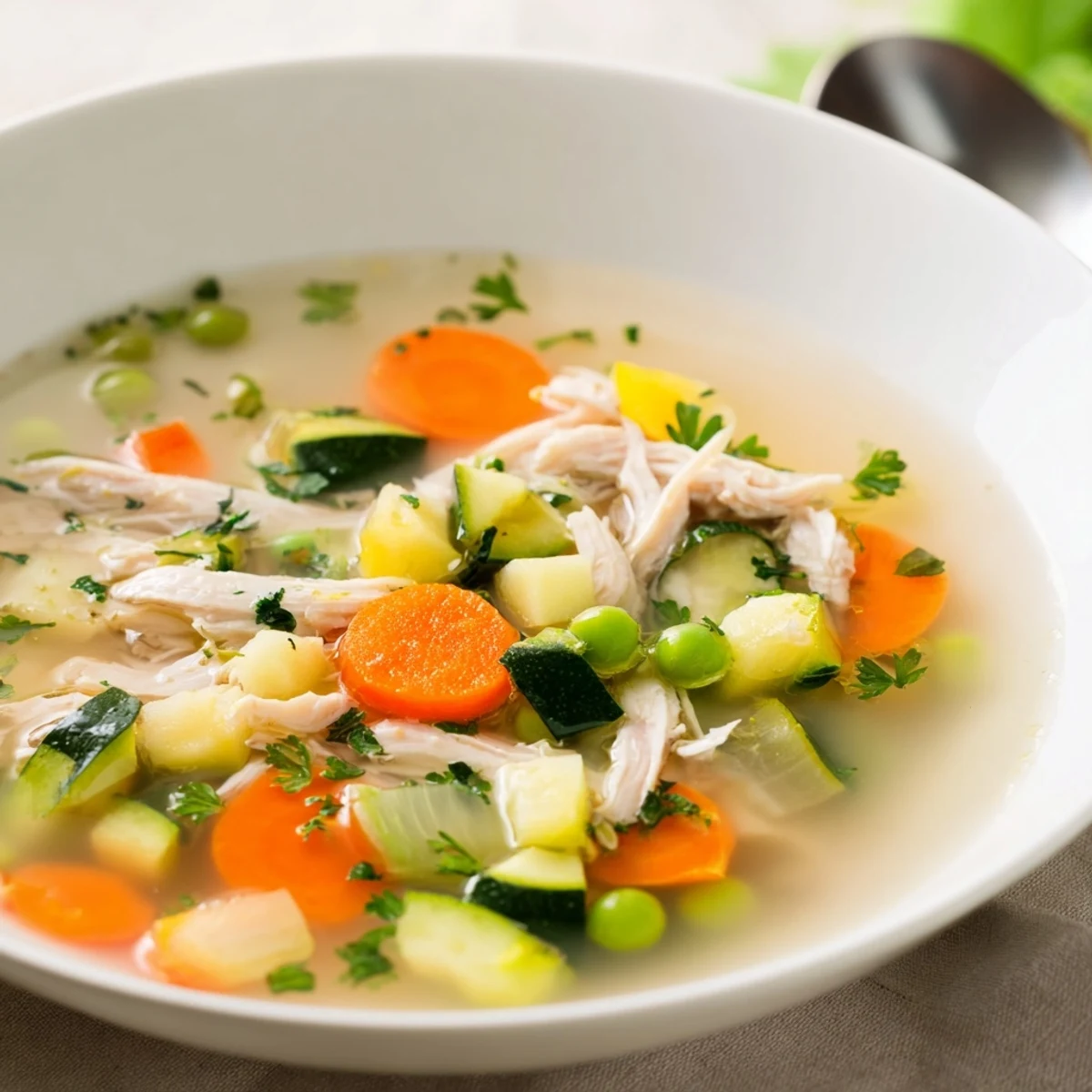 Comforting Spring Garden Chicken Soup served hot in a rustic bowl, showcasing bright vegetables and fresh herbs for a nourishing meal.