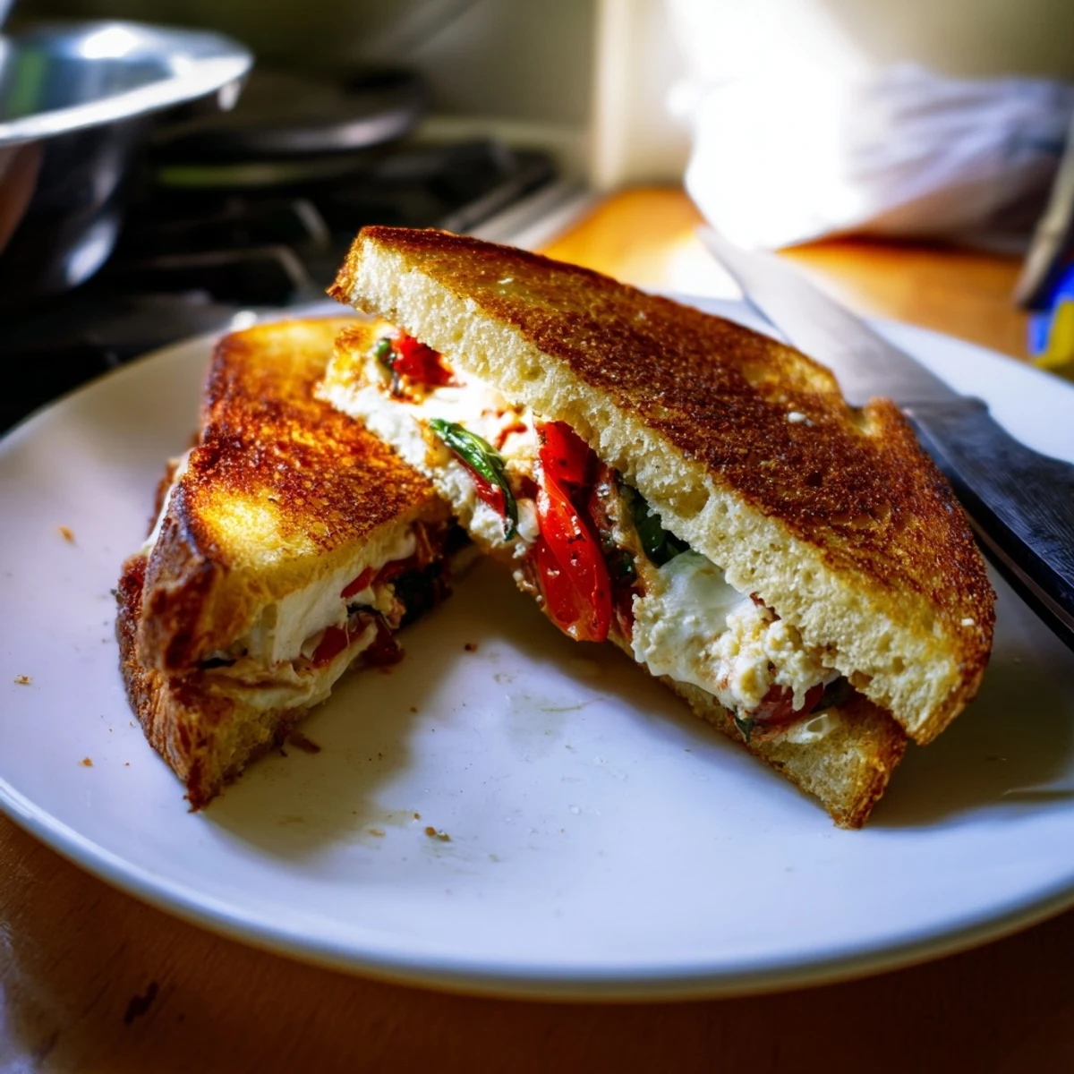 Golden-brown Roasted Veggie Caprese Grilled Cheese oozing melted mozzarella, roasted zucchini, and red peppers on crispy sourdough.