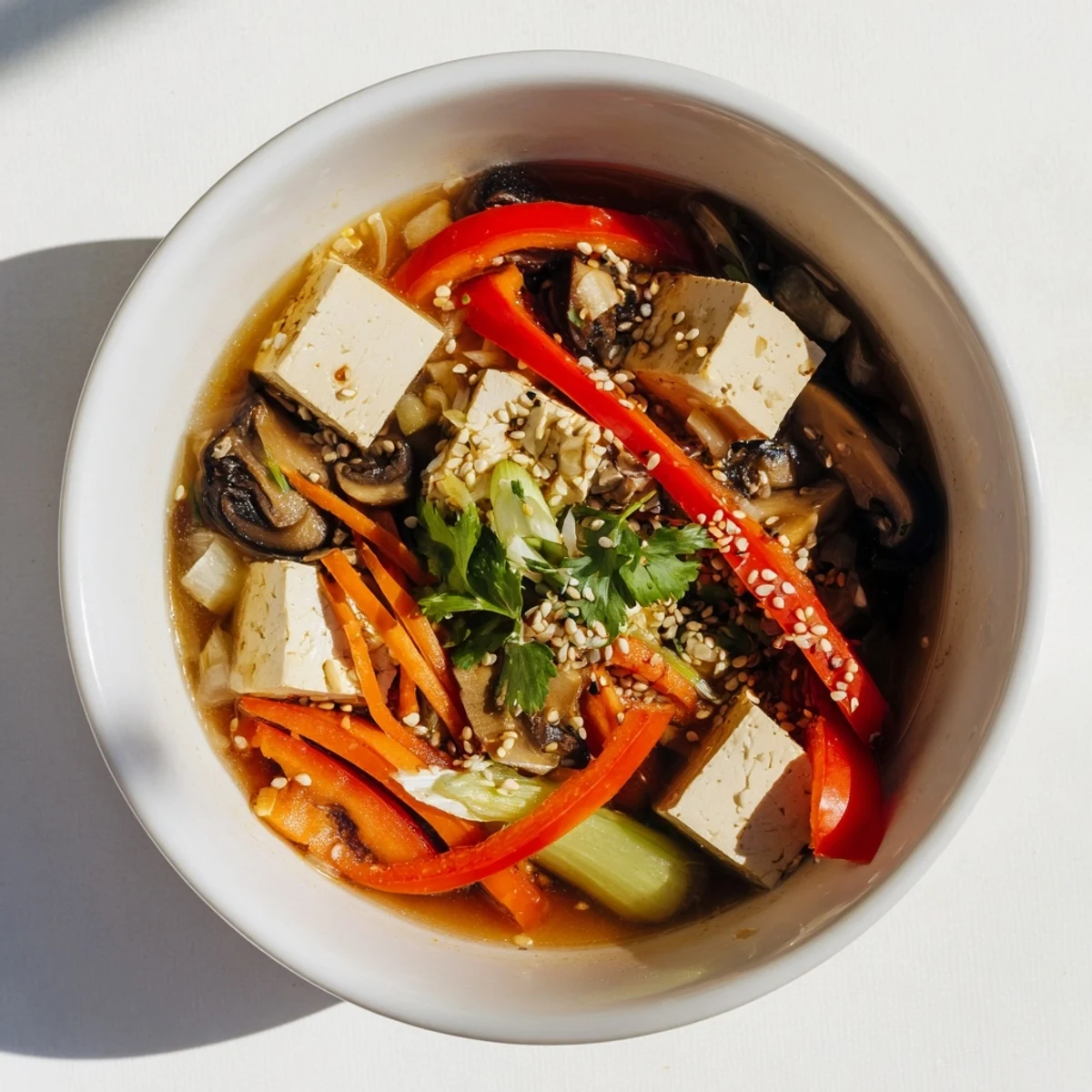 Silken tofu cubes, vibrant carrots, and shiitake mushrooms simmer in a light, savory broth for Tofu and Vegetable Soup.