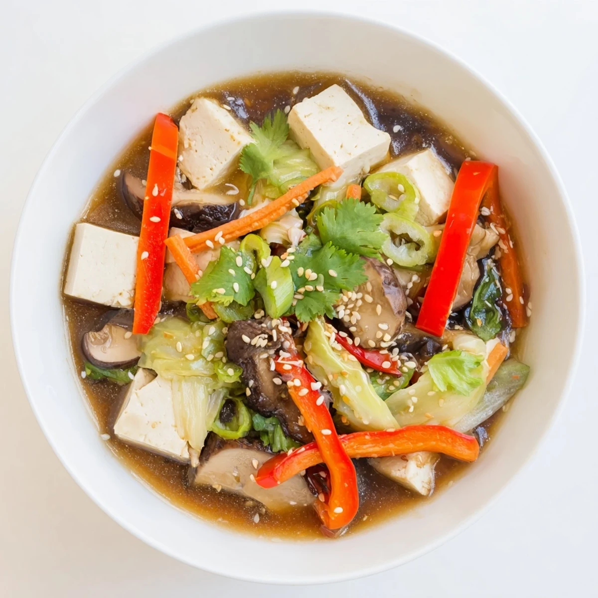 Garnished with cilantro, sesame seeds, and lime, this homemade Tofu and Vegetable Soup looks fresh and inviting.
