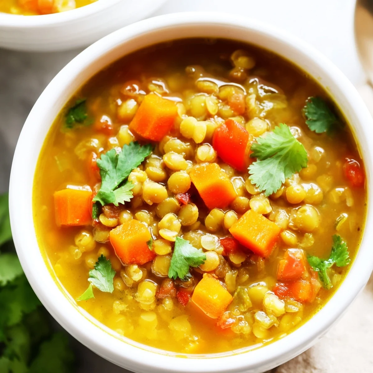 Steaming bowl of golden Mung Bean Soup, with tender beans, diced carrots, and a scattering of fresh cilantro garnish.
