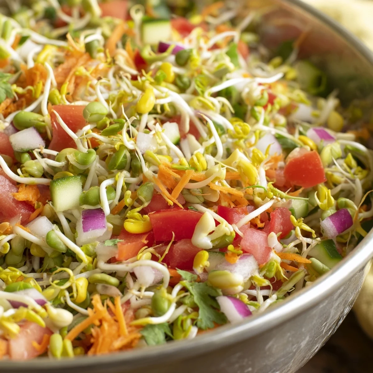 A vibrant bowl of Sprouted Seed Salad with crisp cucumber, juicy tomatoes, and a bright lemon dressing.  