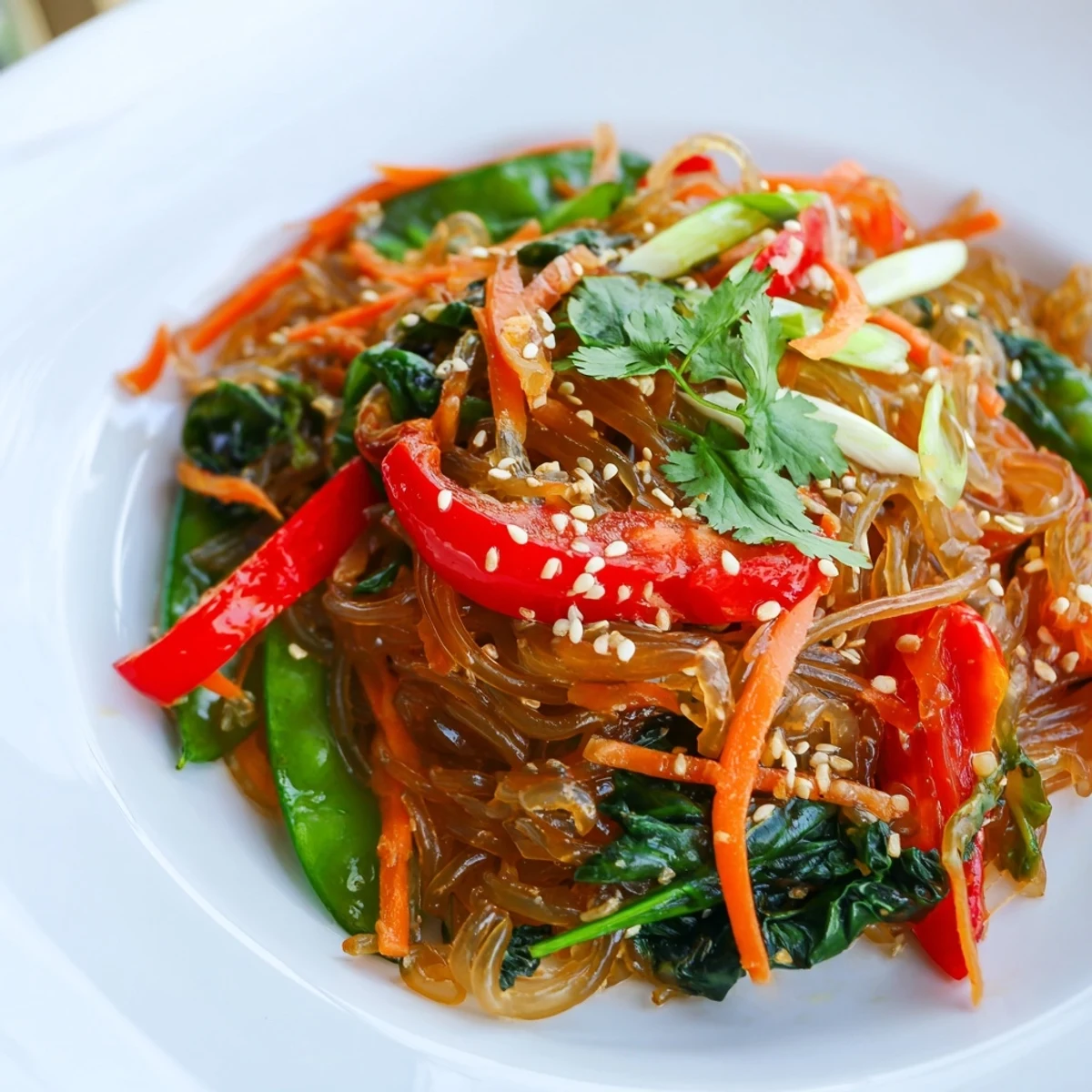 Sizzling kelp noodle stir-fry in a skillet, tossed with spinach, green onions, and toasted sesame seeds.