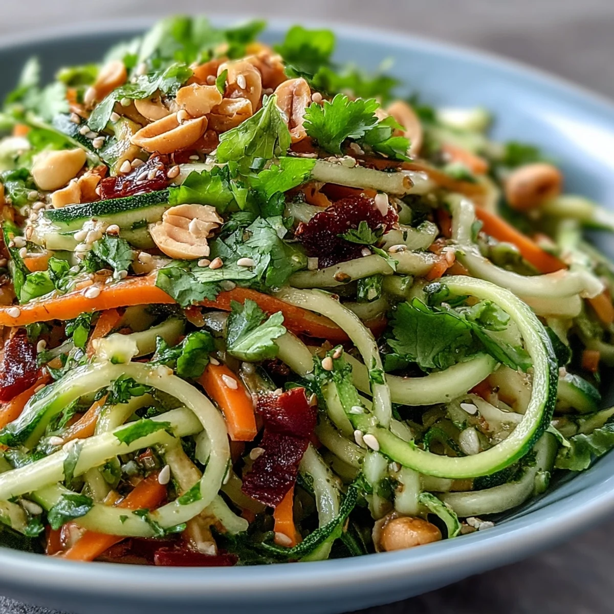 A vibrant bowl of Raw Vegetable Noodle Salad featuring spiralized zucchini, carrots, and red cabbage tossed in a zesty sesame-ginger dressing.  