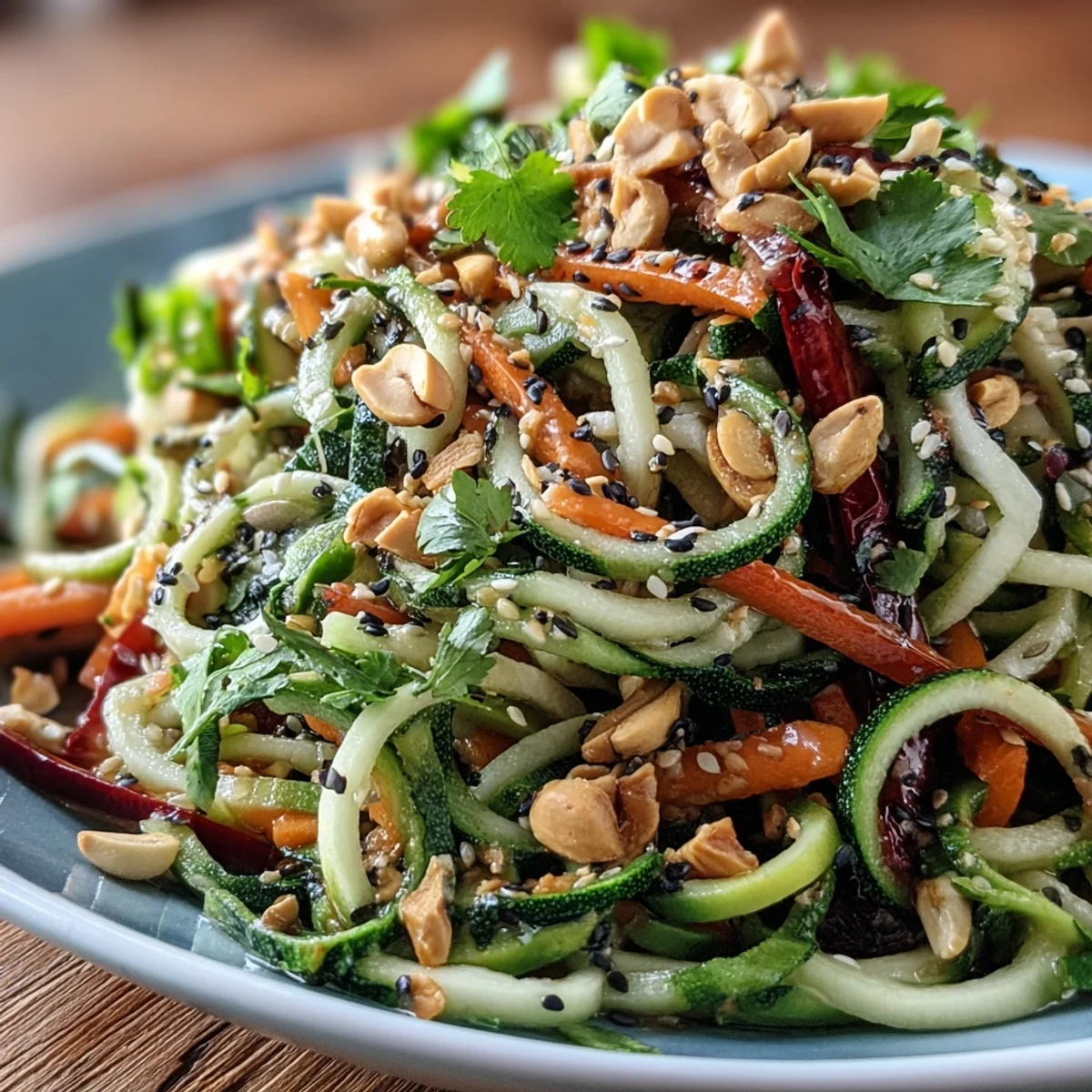 Freshly spiralized cucumber, red bell pepper, and green onions create a colorful, crunchy texture in this light vegan lunch.  