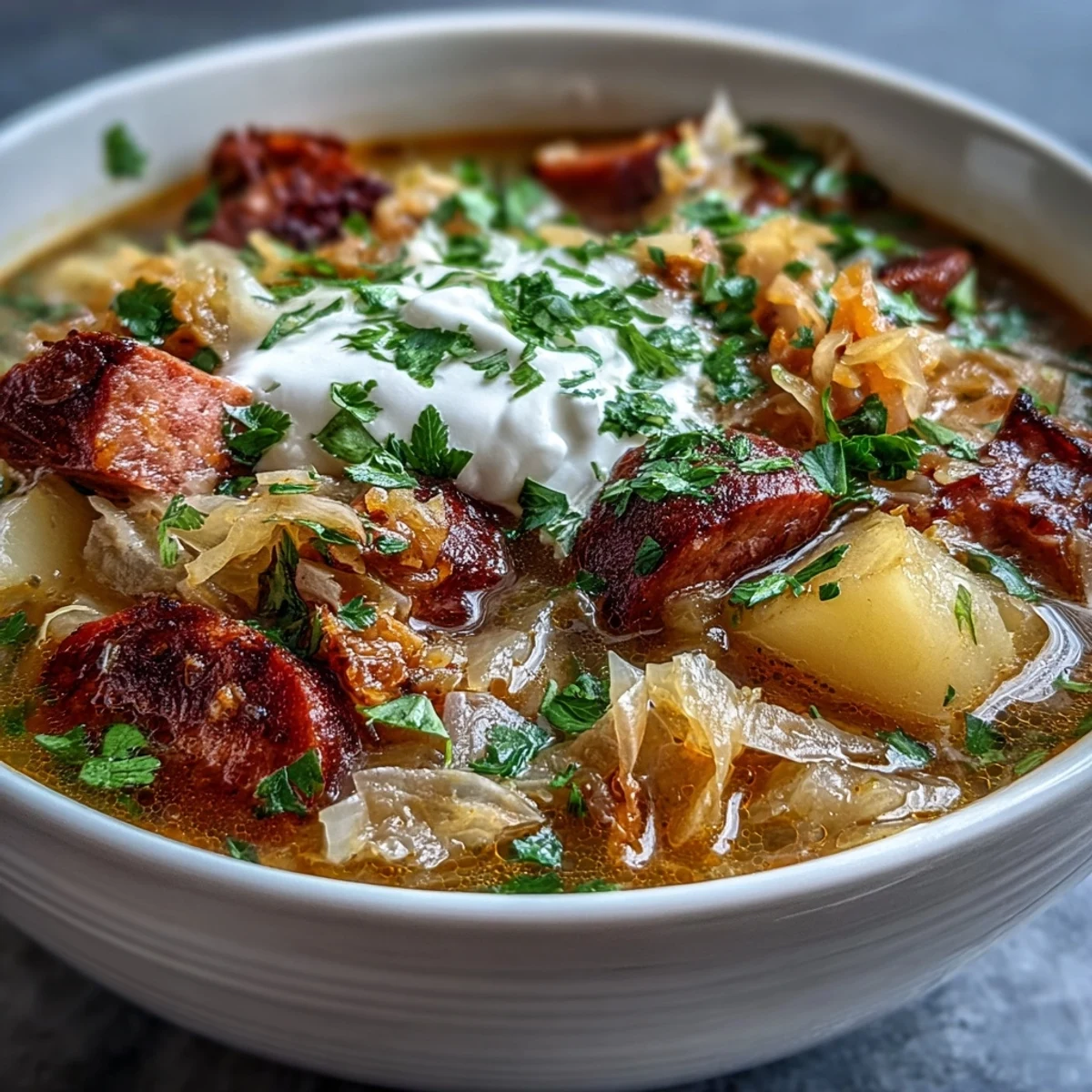A hearty pot of Sauerkraut Soup featuring sauerkraut, vegetables, and bay leaf, garnished with fresh parsley.