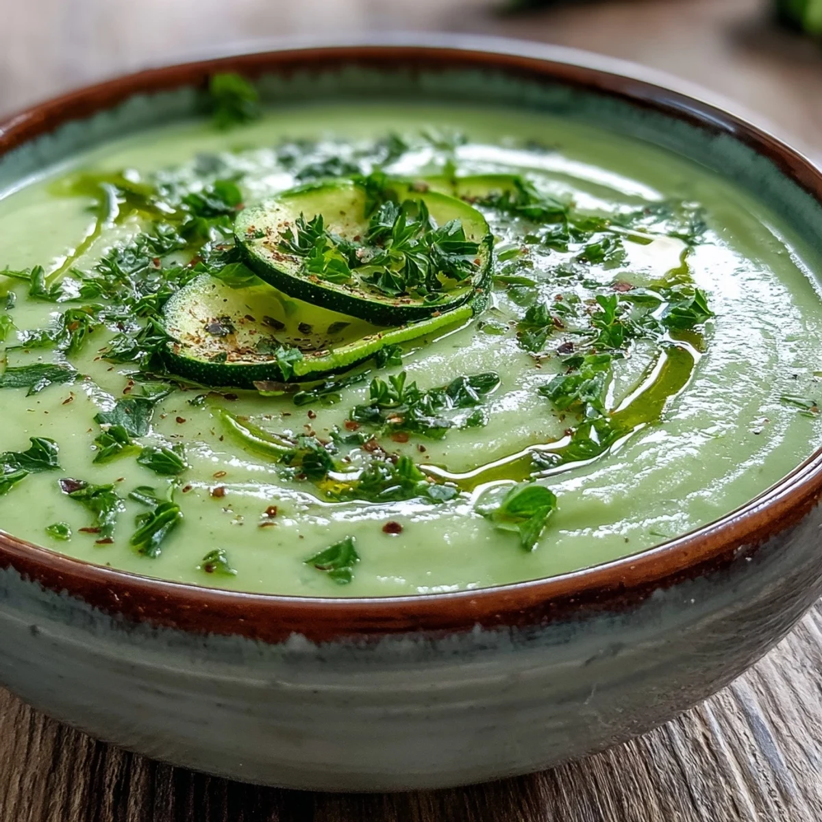 Creamy green Zucchini Soup is served hot in a white bowl, topped with fresh herbs and an olive oil drizzle.