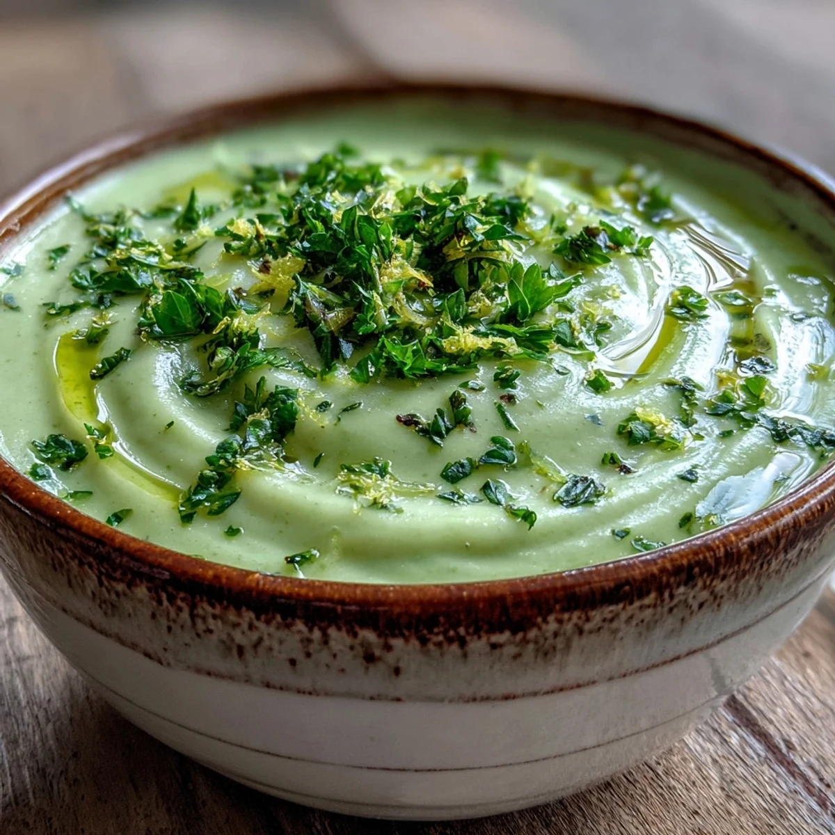 A white bowl of smooth Zucchini Soup, garnished with chopped parsley and basil, rests on a rustic wooden table.