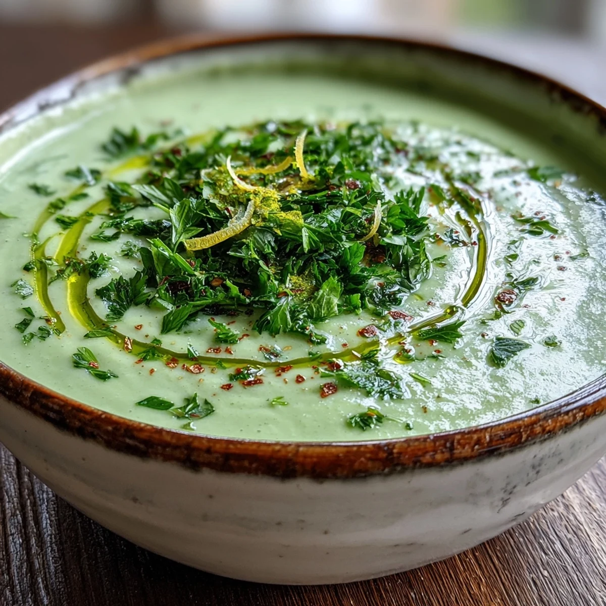 Silky Zucchini Soup in a ceramic bowl with a lemon zest garnish, paired with crusty bread for dipping.