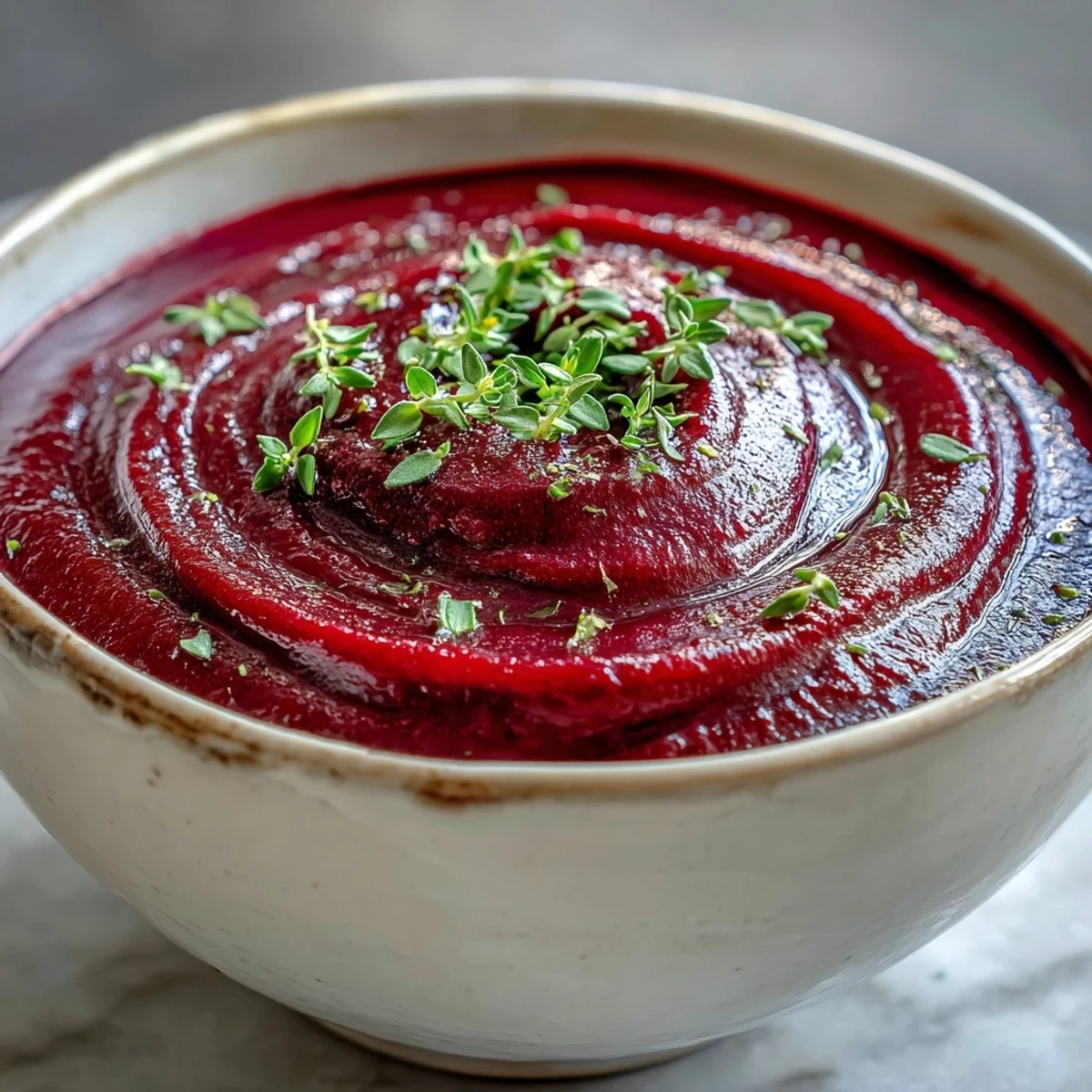 Vibrant roasted beet soup in a white bowl topped with a drizzle of cream and thyme leaves.