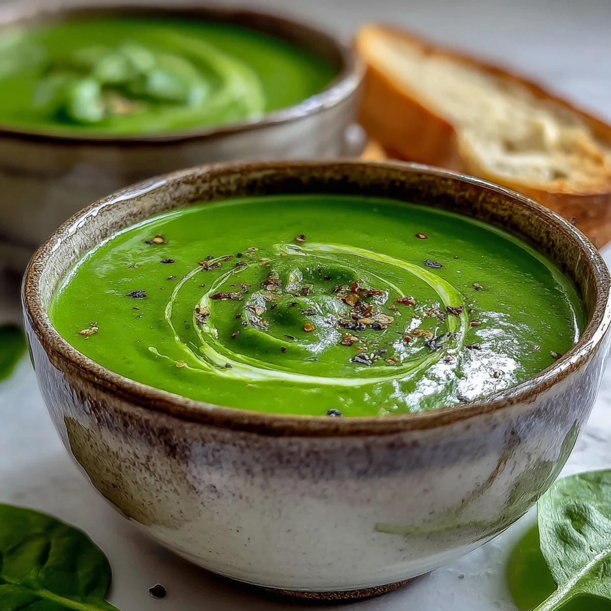Velvety, creamy Spinach Soup served warm in a rustic bowl with a swirl of fresh cream.