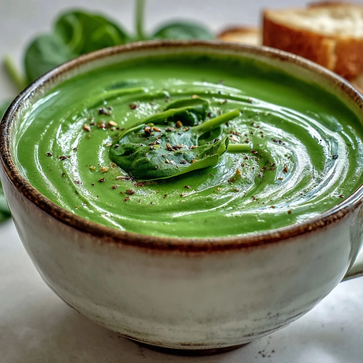 A bowl of homemade Spinach Soup topped with black pepper, paired with crusty bread.
