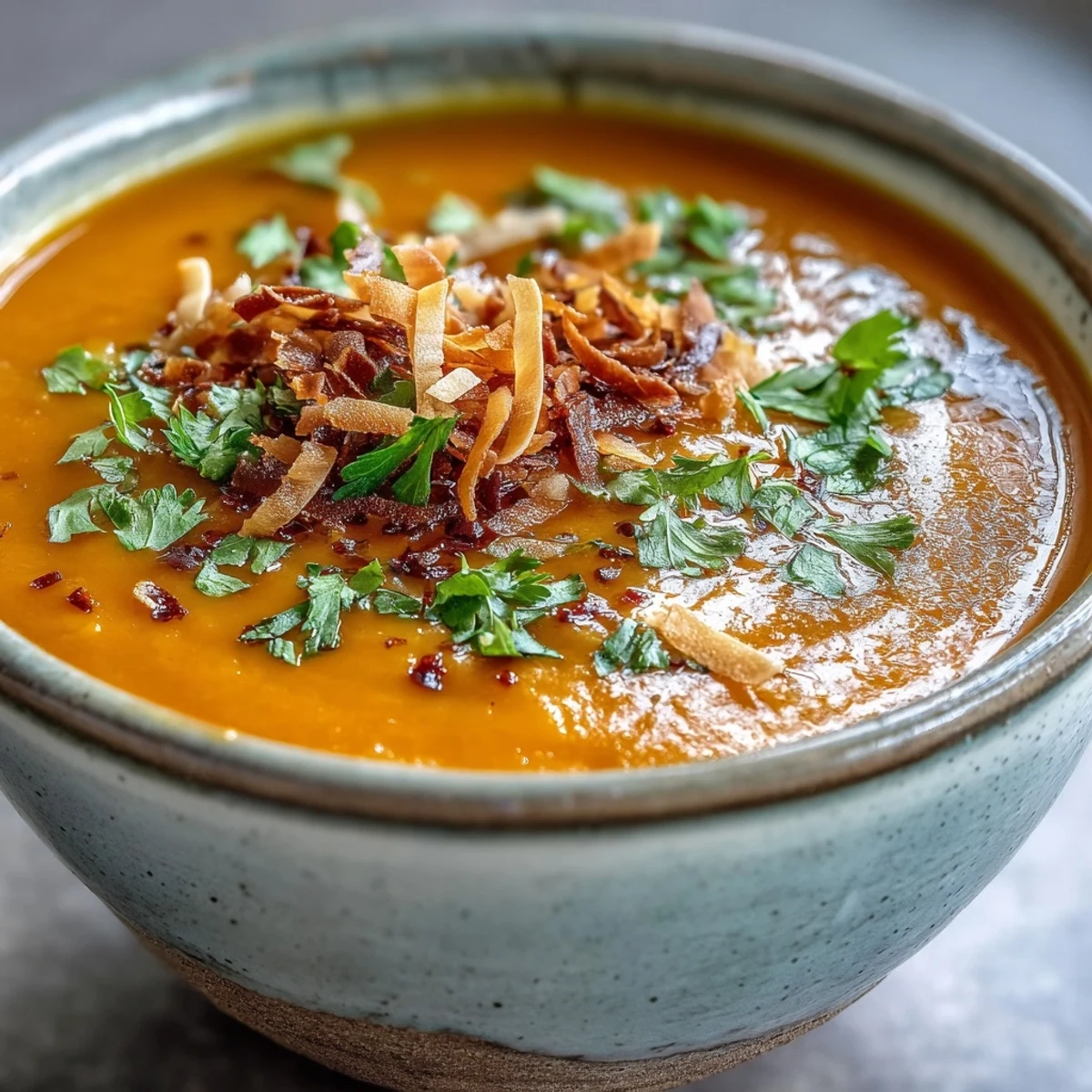 A bowl of Carrot and Coconut Soup beside fresh carrots, coconut milk, and warm spices on a rustic table.