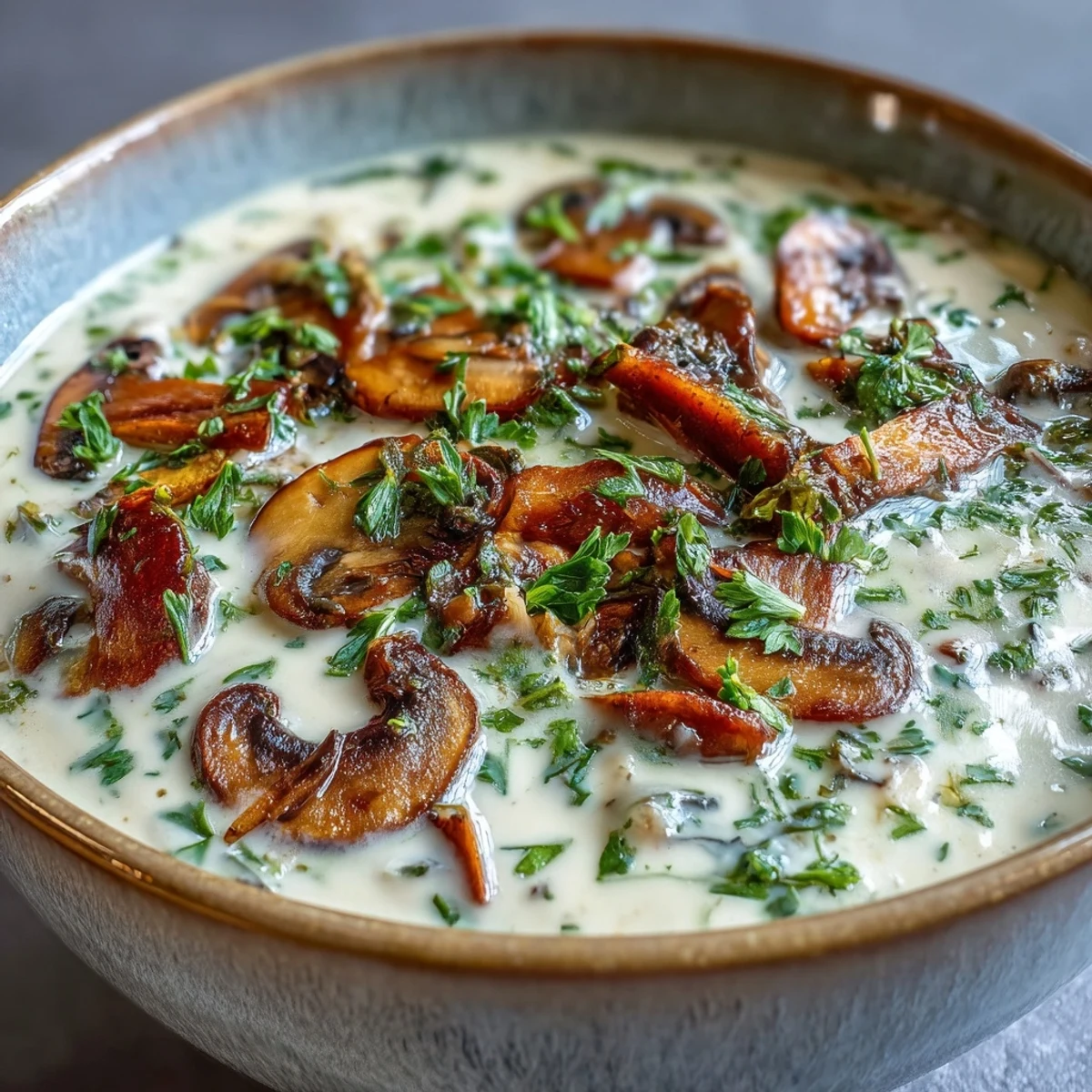 Creamy mushroom soup with fresh herbs in a rustic bowl, ready to enjoy.