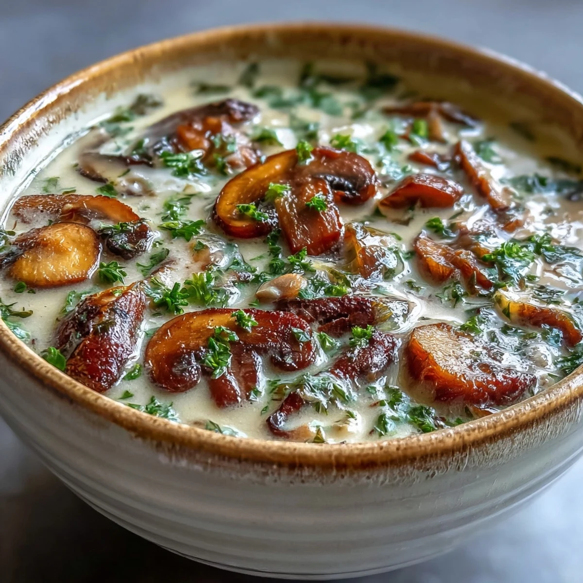 Earthy mushroom soup garnished with parsley, served on a cozy wooden table.