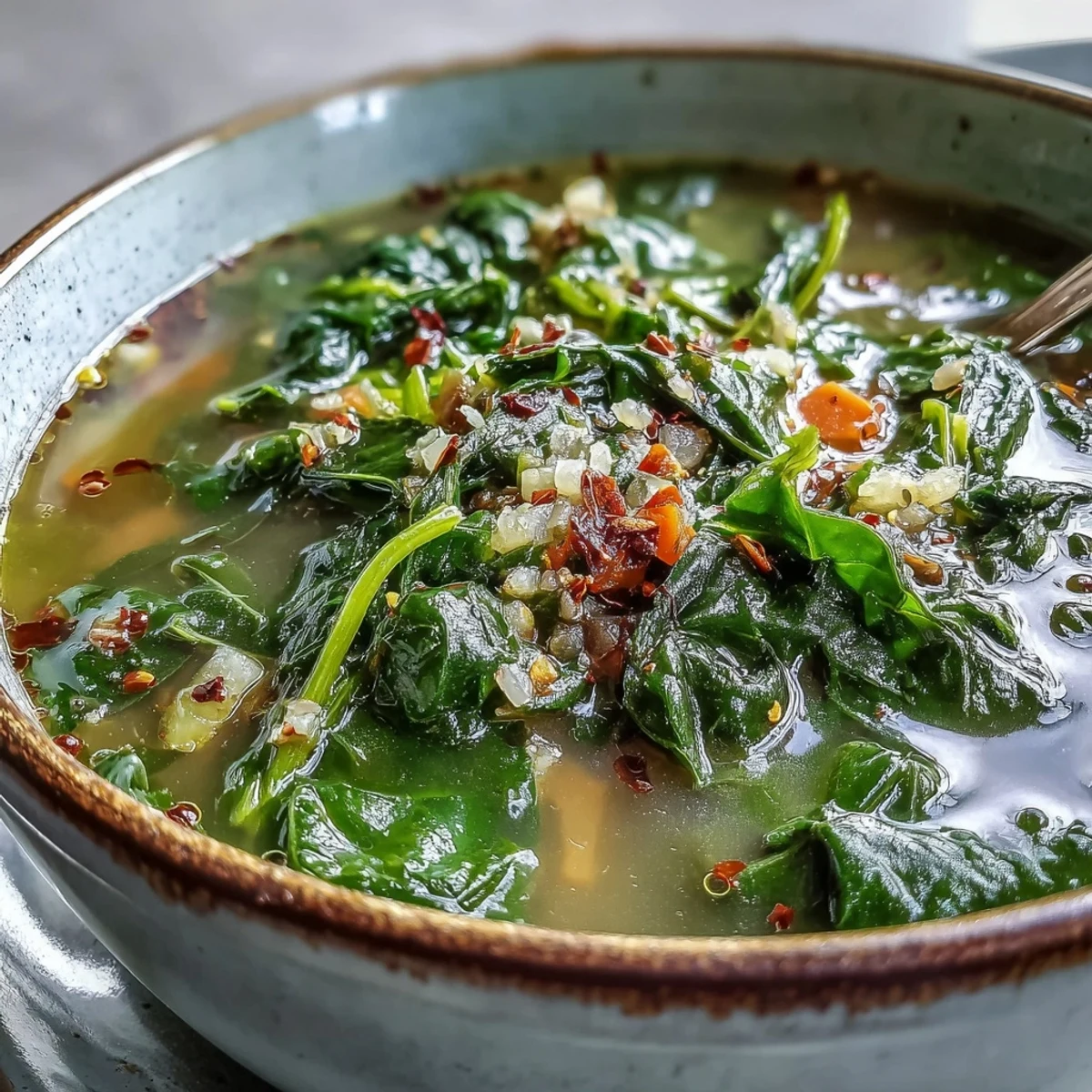 Steaming bowl of Swiss Chard Soup, bright greens and tender carrots in a clear broth with parsley garnish. 