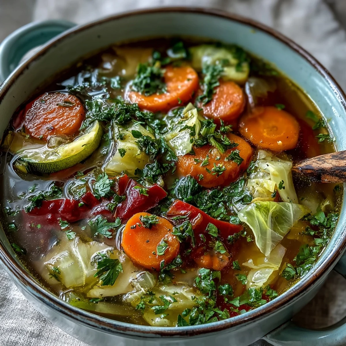 A close-up of Cabbage Soup with tender green cabbage and carrots in a savory broth, garnished with fresh parsley.