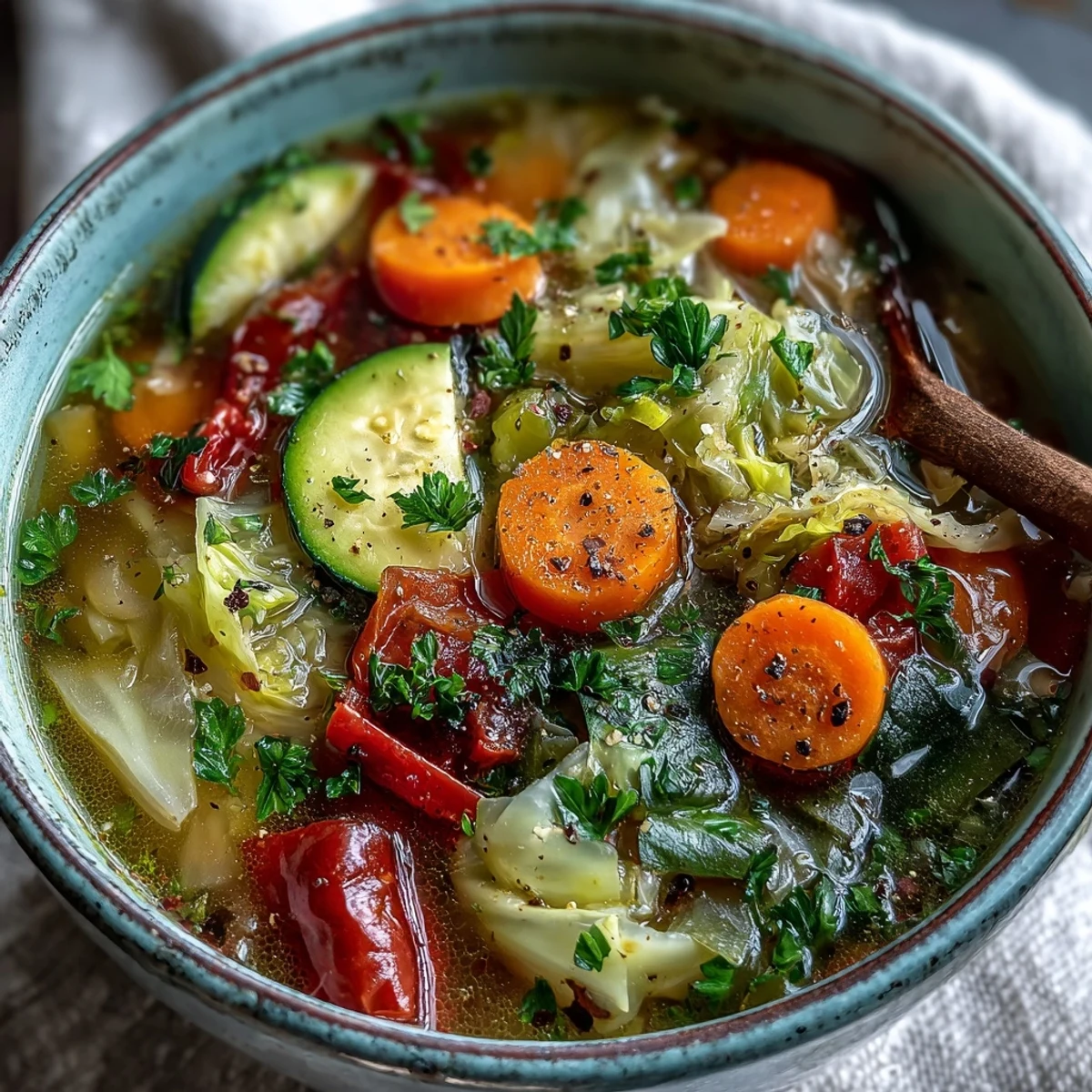 A ladle serving a warm bowl of Cabbage Soup, packed with chunky vegetables and a squeeze of lemon.
