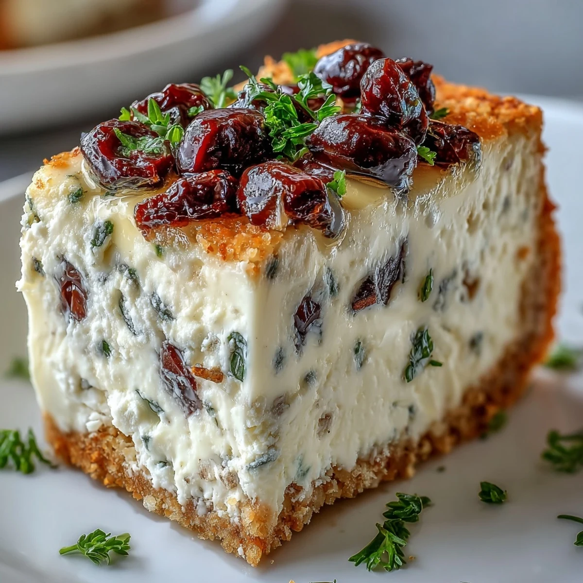 Close-up of a slice of Kalamata Cheesecake Appetizer revealing creamy filling with chopped olives and herbs on a rustic plate.