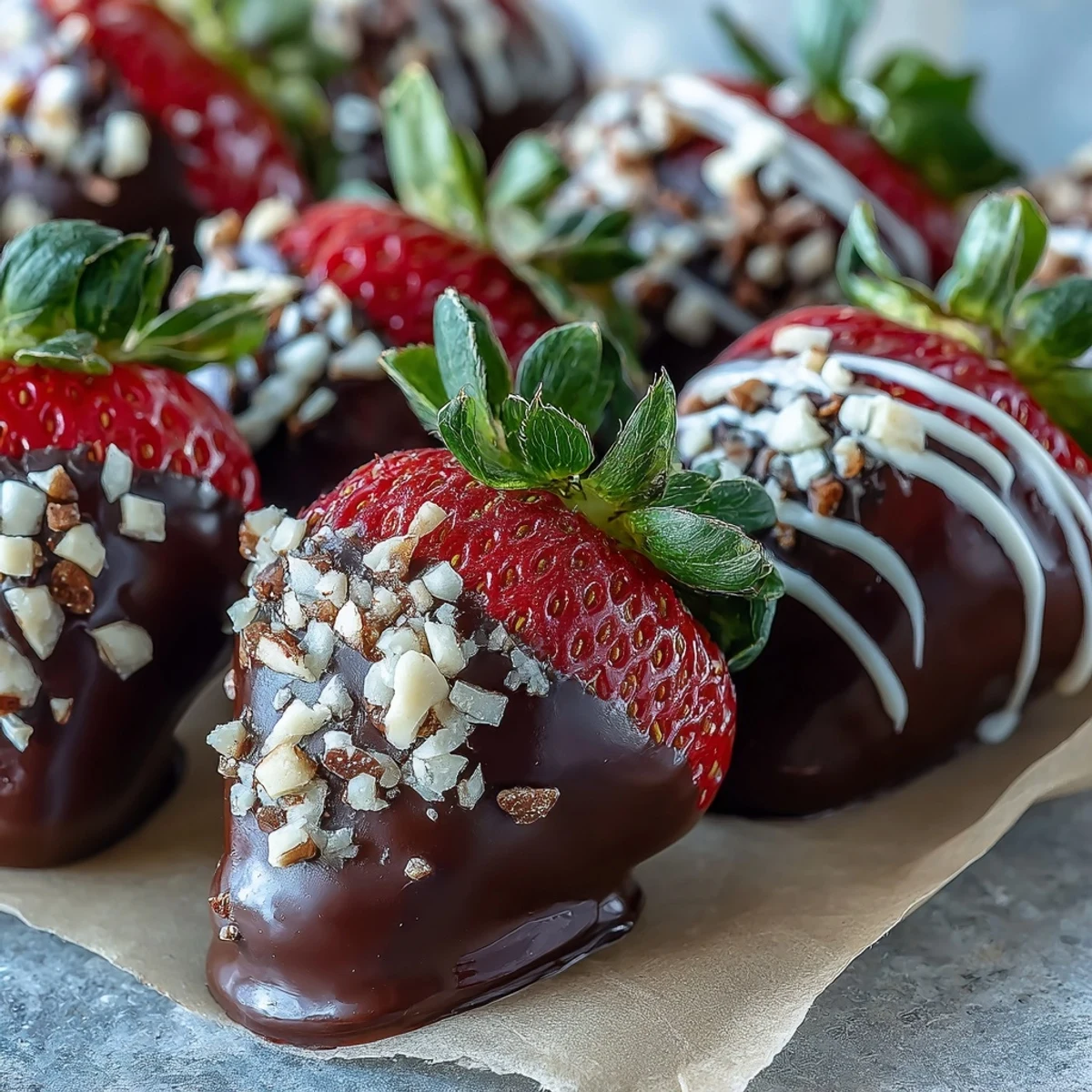 Fresh strawberries dipped in glossy dark chocolate, ready to serve on a white plate.